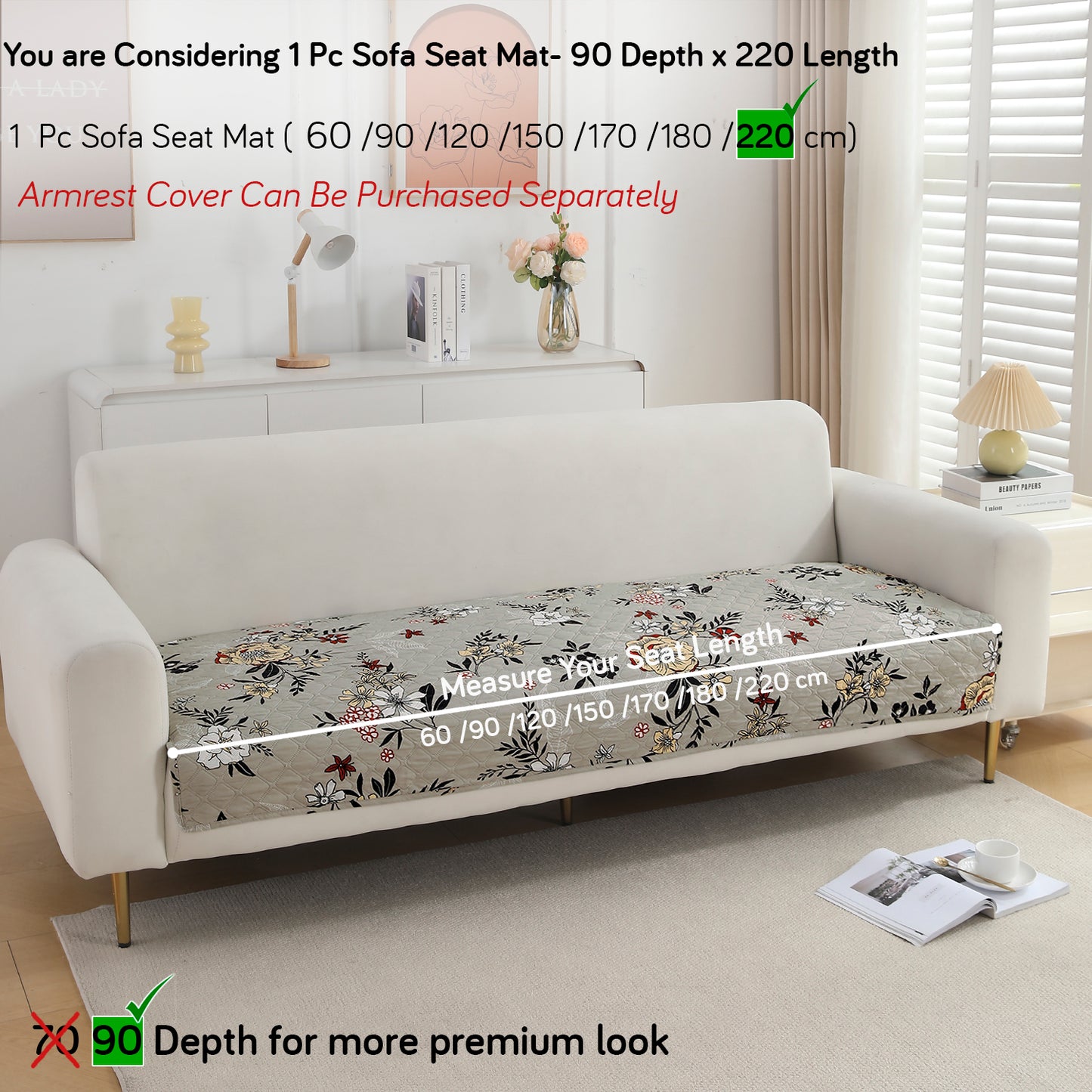 Polyester Printed Quilted Sofa Cover Mats, Floral Ash Grey