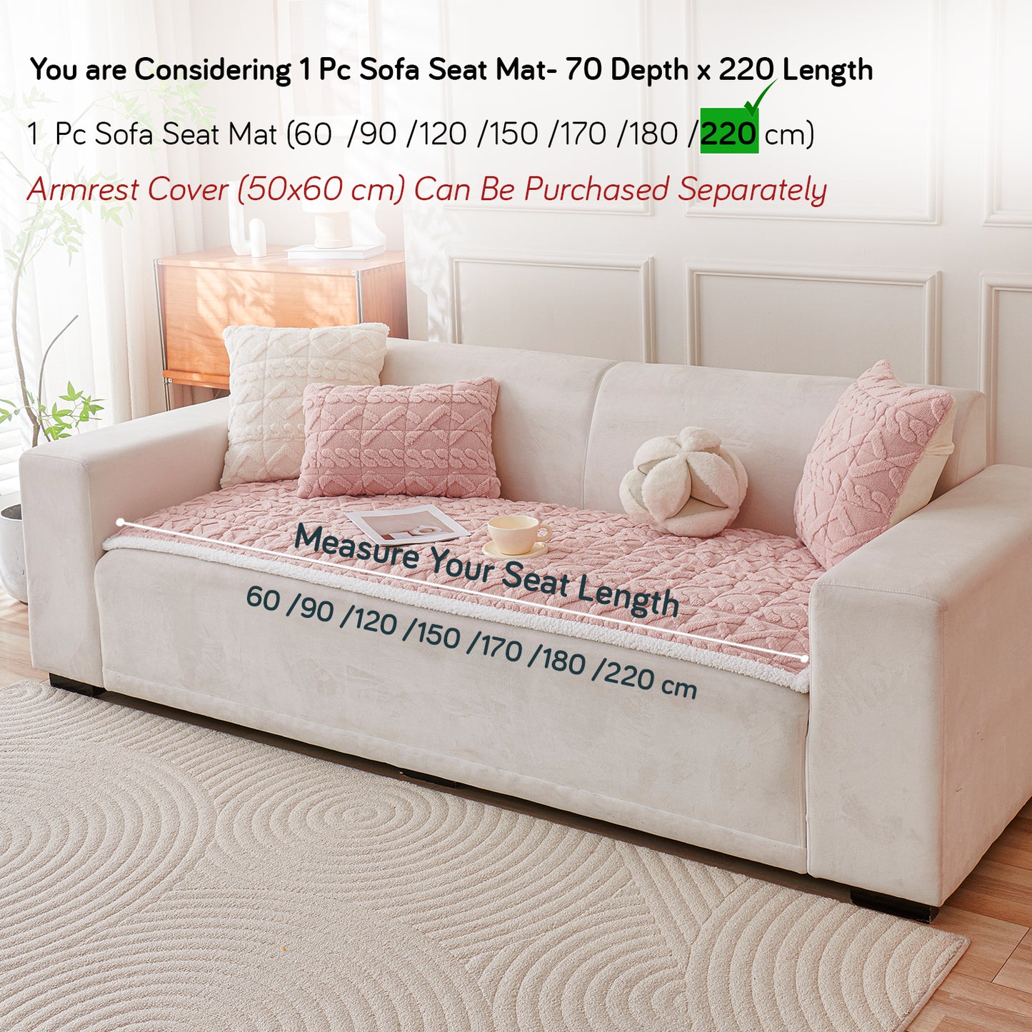 'Italian Caelora' Luxury Jacquard Plush Sofa Cover Mat and Anti-Slip Armrest Covers - Misty Rose