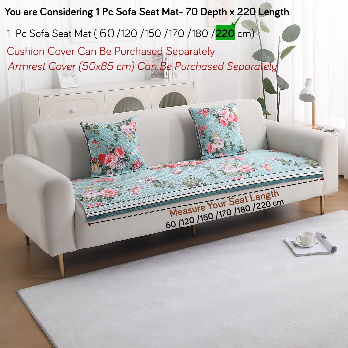 LiefNest Holland Velvet Sofa Cover Mat with Foam Filling - Fresh Floral Pastel Blue
