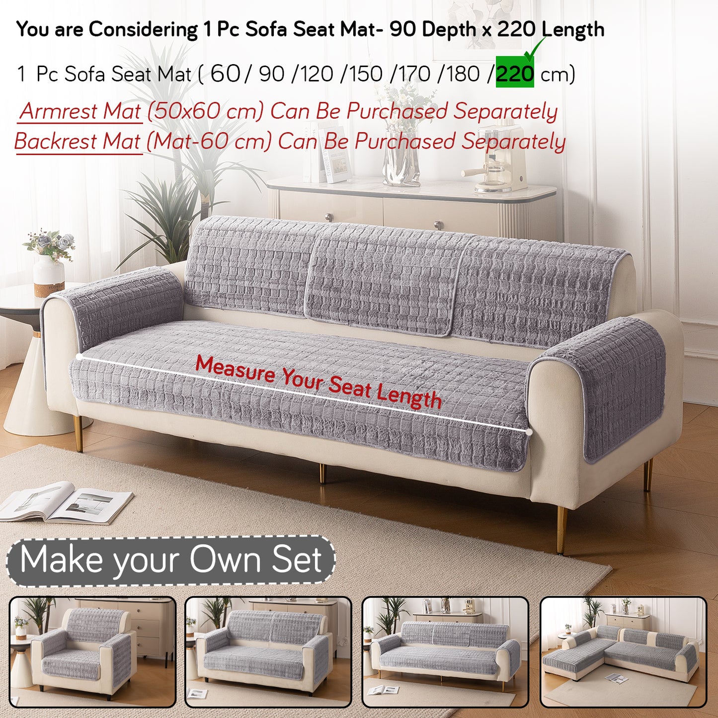 Premium Plush Anti Slip Sofa Cover Mat, Light Grey