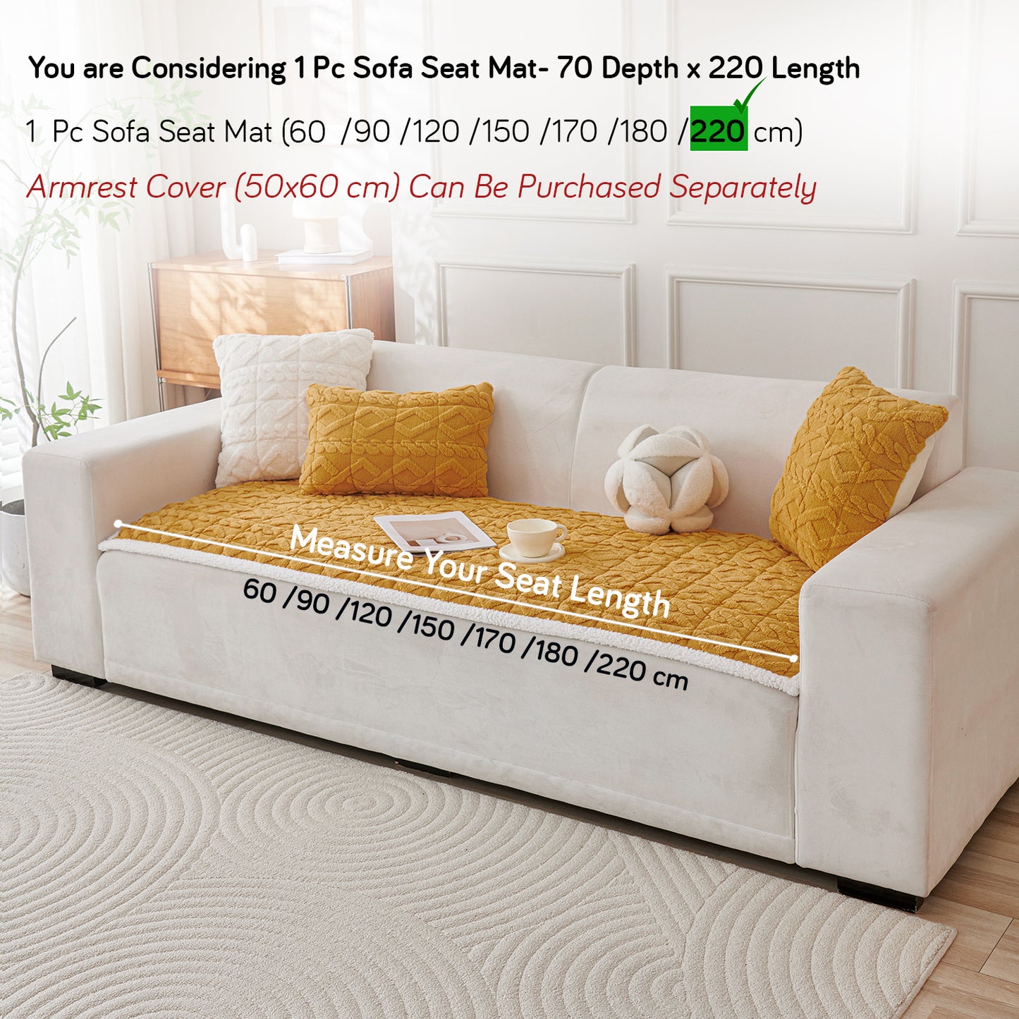 'Italian Caelora' Luxury Jacquard Plush Sofa Cover Mat and Anti-Slip Armrest Covers - Honey Yellow