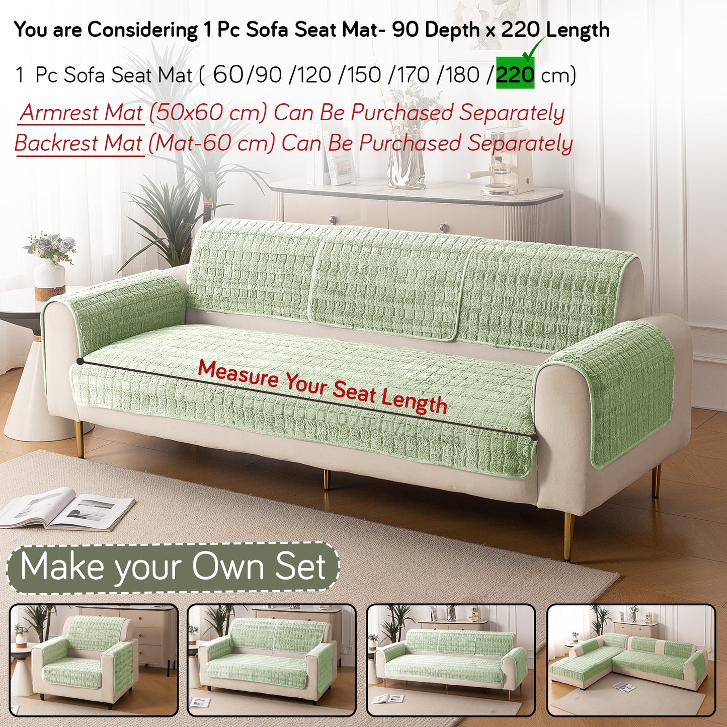 Premium Plush Anti Slip Sofa Cover Mat, Pastel Green