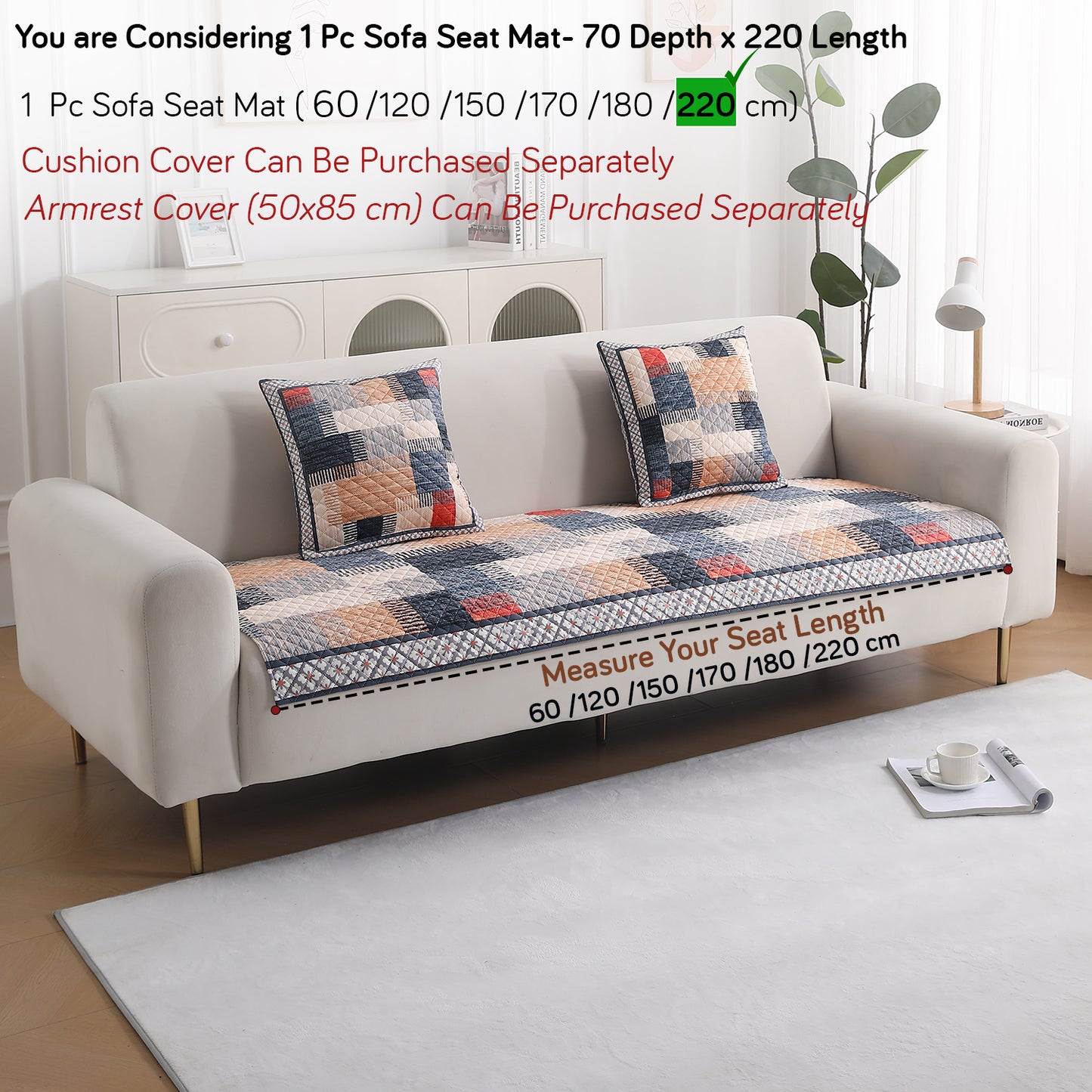LiefNest Holland Velvet Sofa Cover Mat with Foam Filling - Urban Grid Multicolor