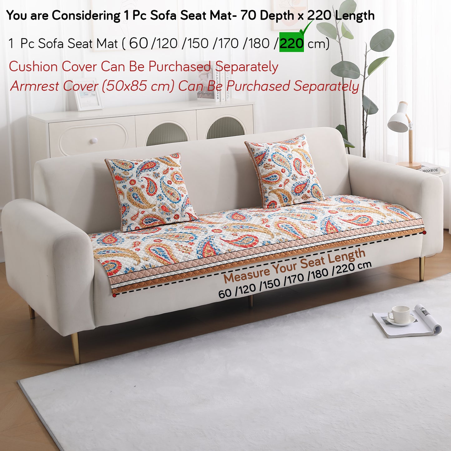 LiefNest Holland Velvet Sofa Cover Mat with Foam Filling - Paisley Multicolor