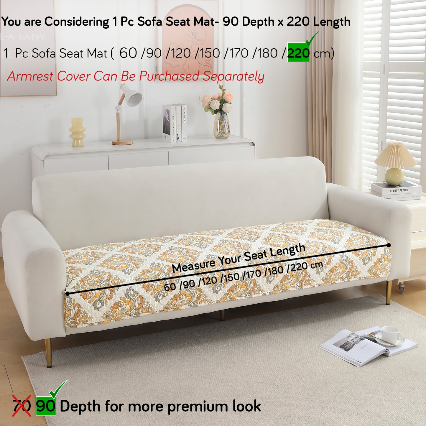Polyester Printed Quilted Sofa Cover Mats, Damask Beige