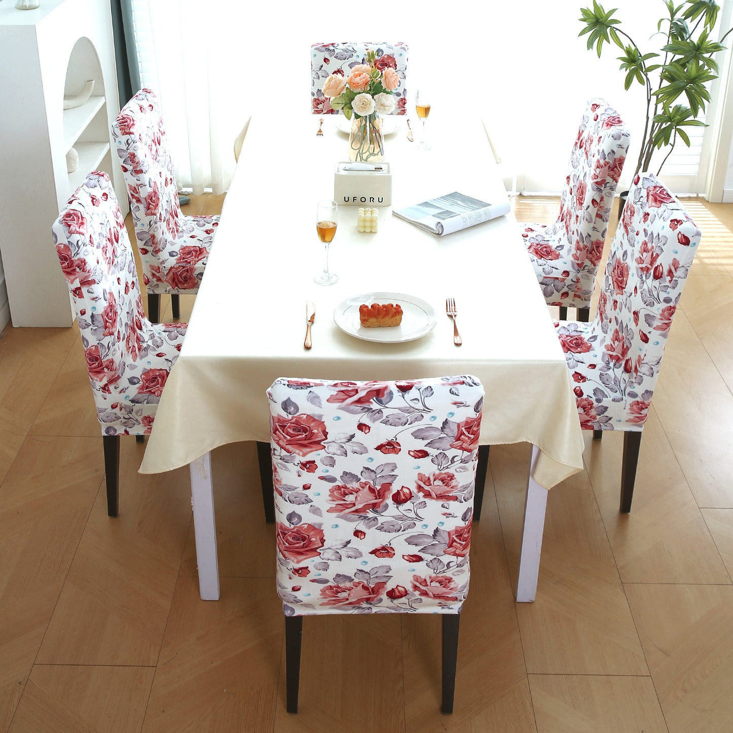 Premium Printed Velvet Dining Chair Cover Set, Red Cottage Rose