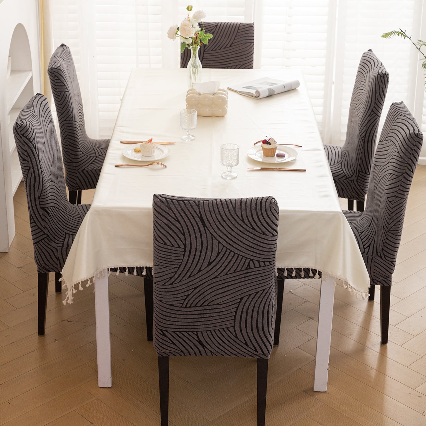 WaveLine Series 180 GSM Jacquard Chair Cover Set of 1/2/4/6, Charcoal Grey