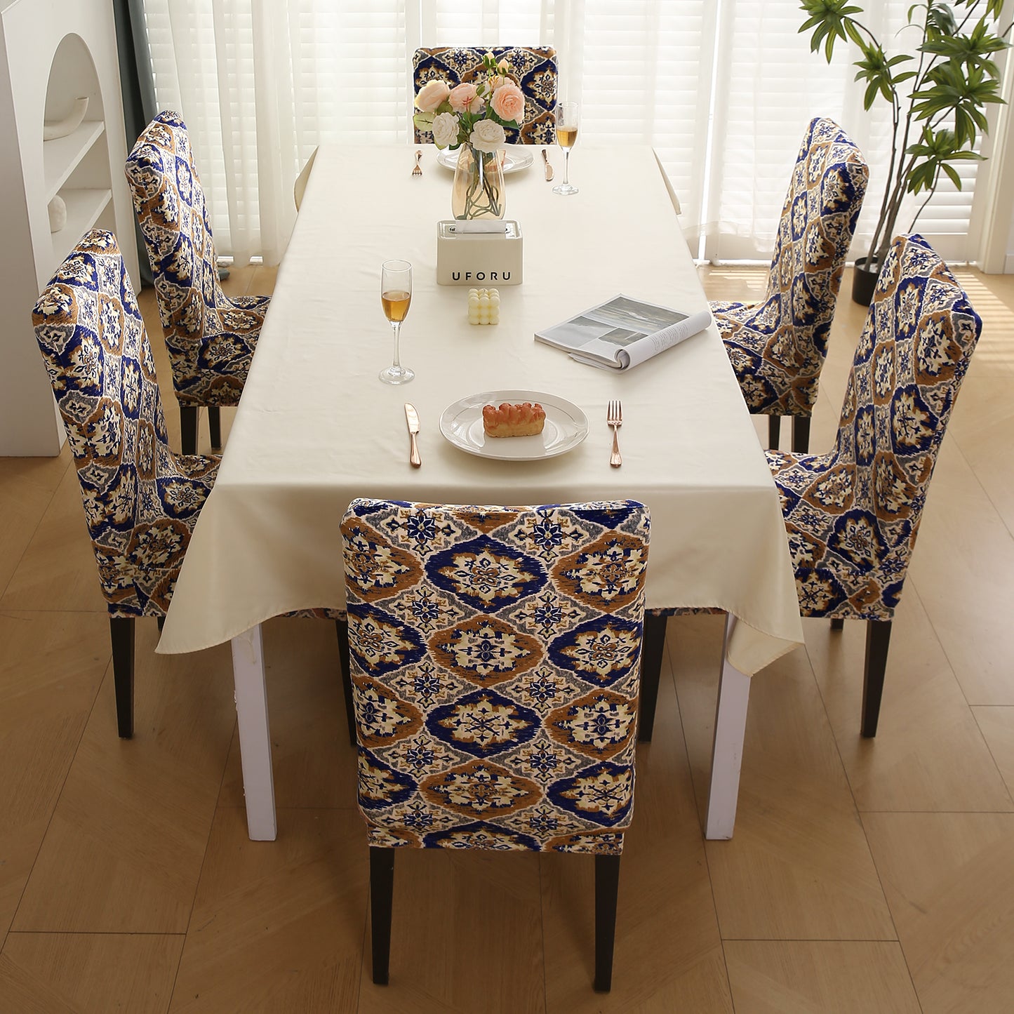 Premium Printed Velvet Dining Chair Cover Set, Indigo Moroccan Charm