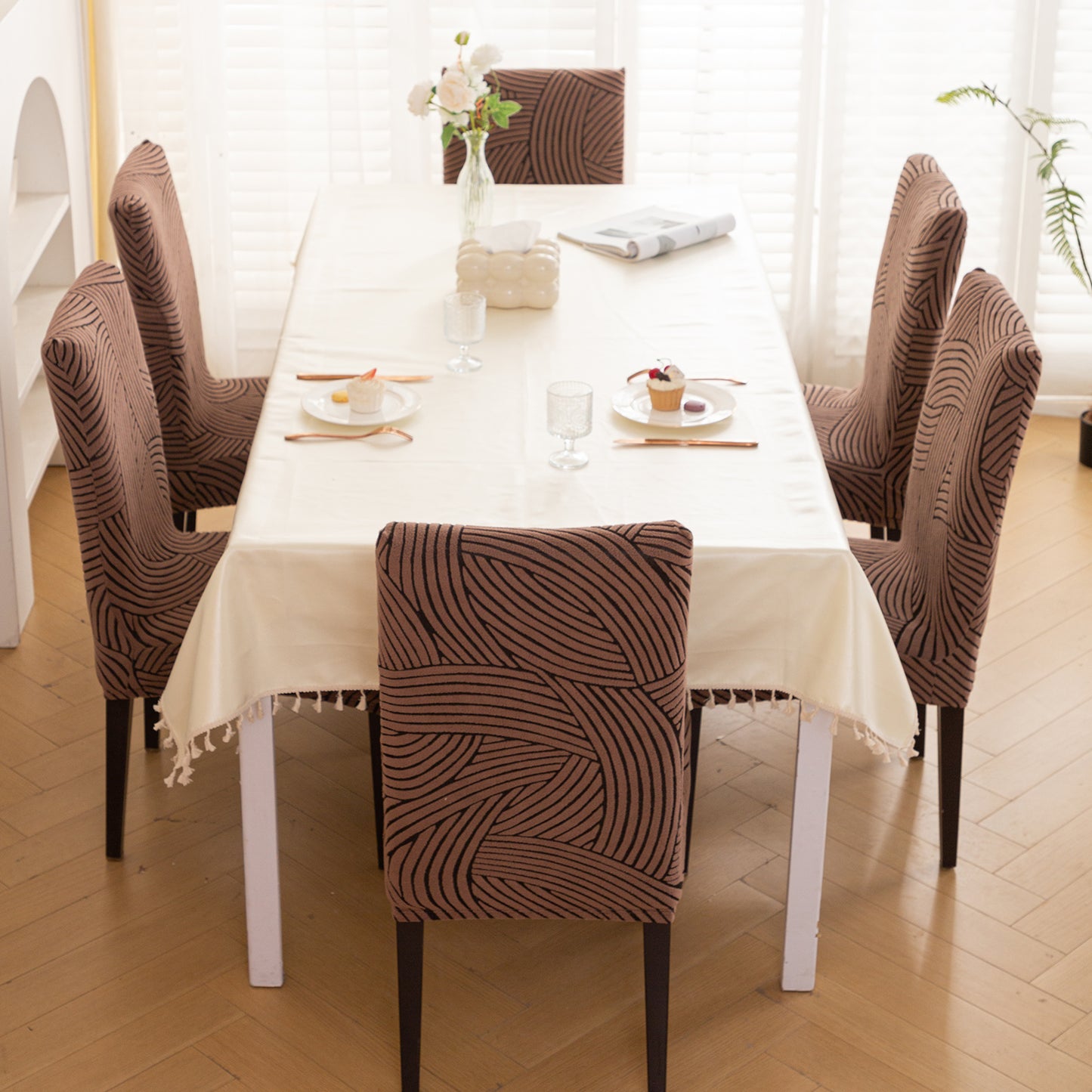 WaveLine Series 180 GSM Jacquard Chair Cover Set of 1/2/4/6, Rust Brown