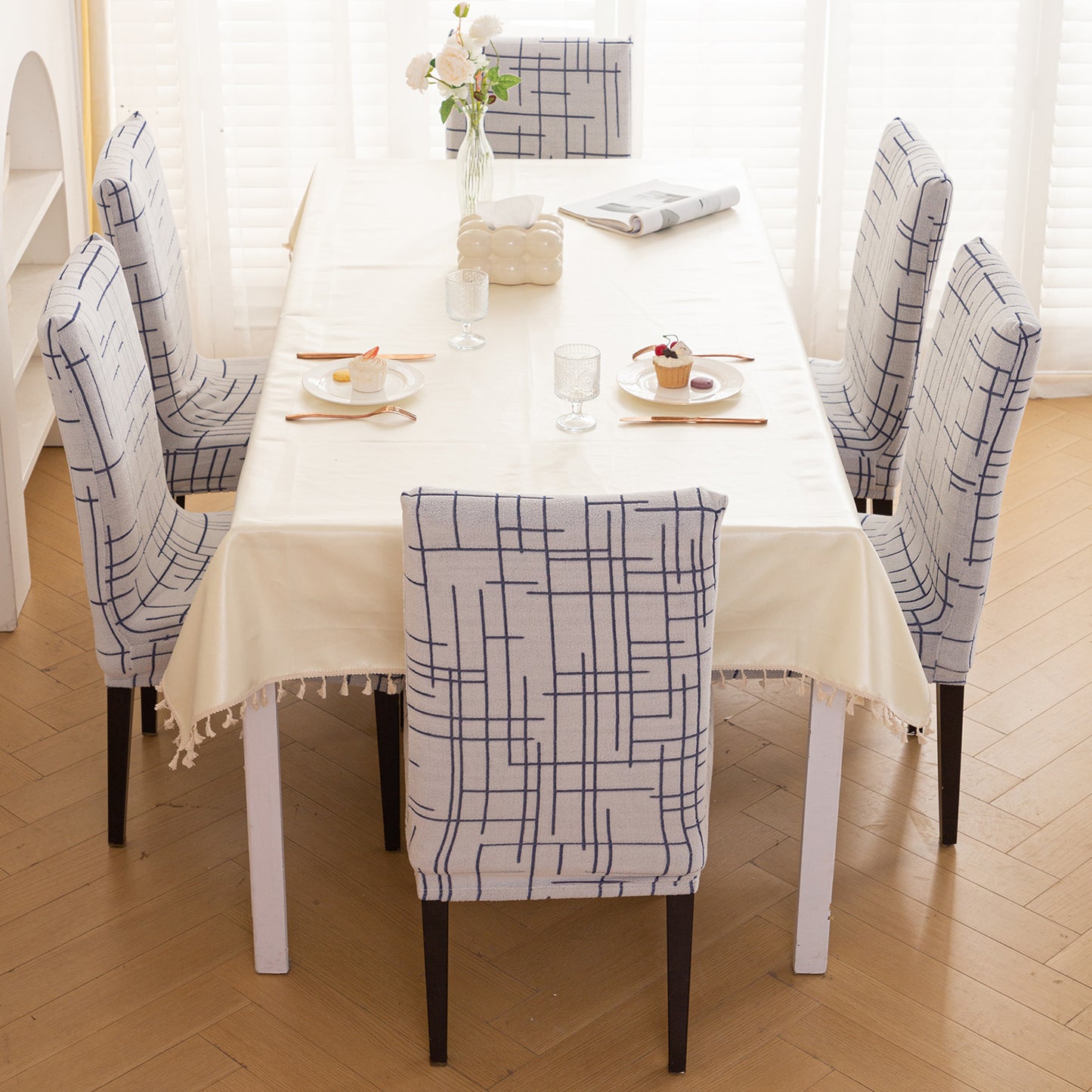 'Crossline Series' 180 GSM Jacquard Chair Cover Set 1/2/4/6, Navy Blue