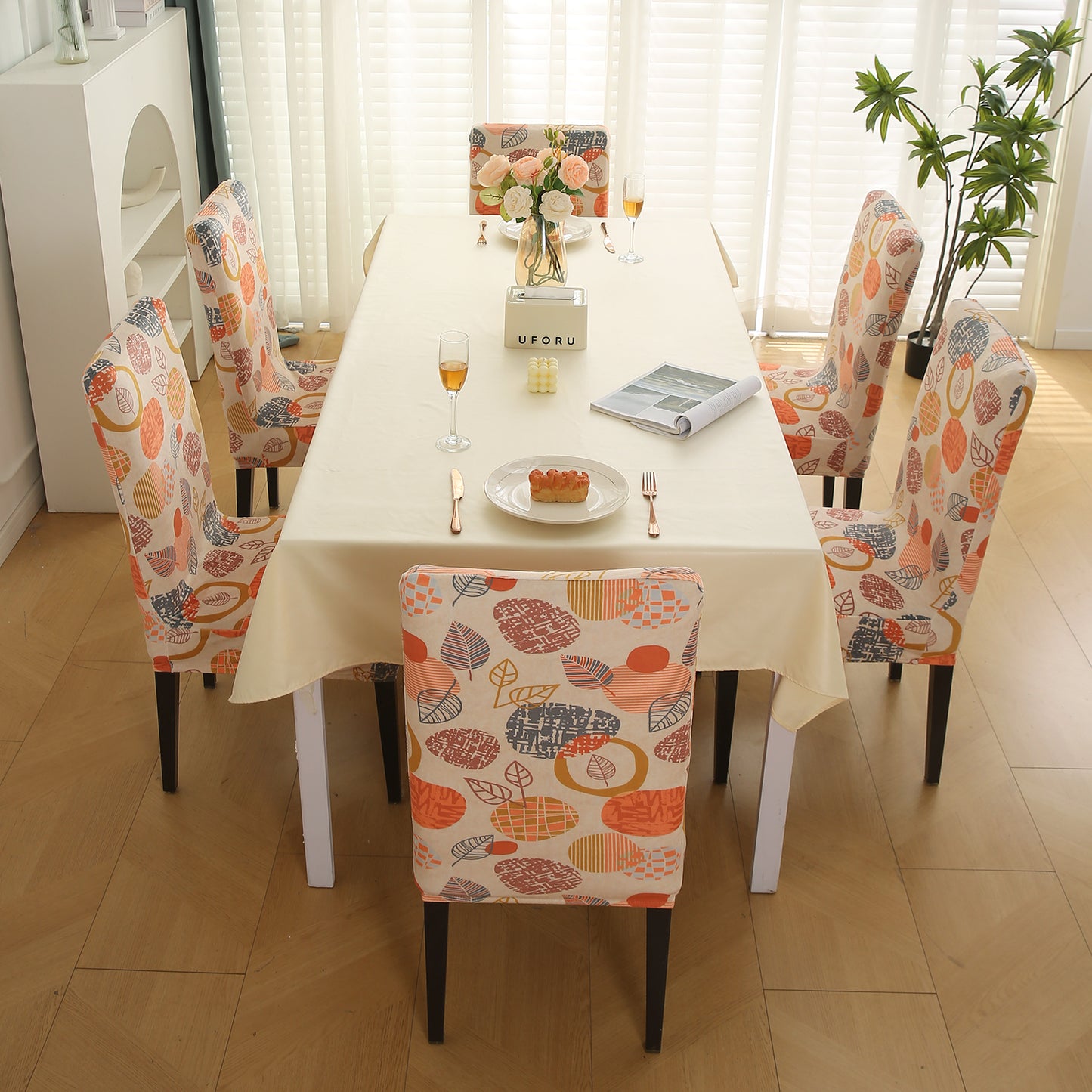 Premium Printed Velvet Dining Chair Cover Set, Coral Autumn Leaves