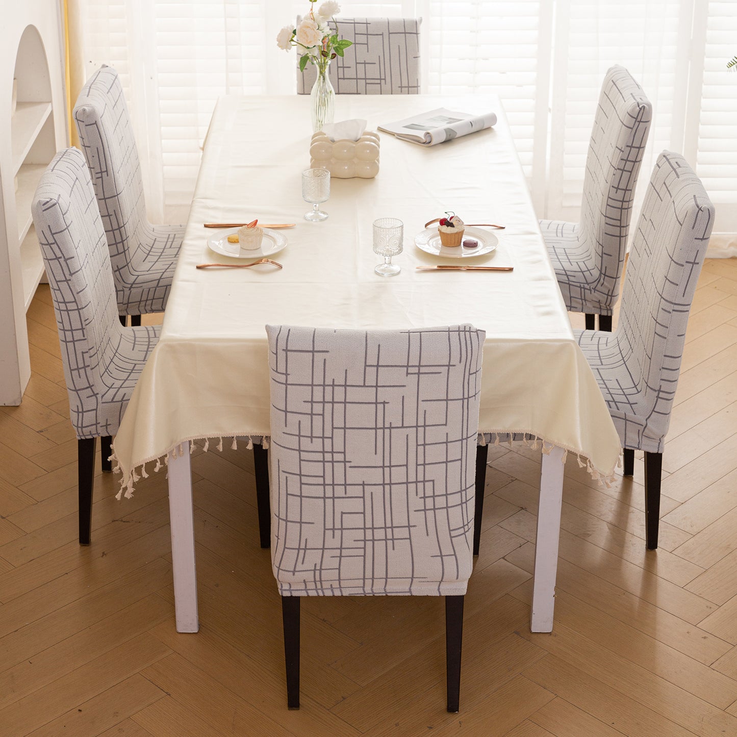 'Crossline Series' 180 GSM Jacquard Chair Cover Set 1/2/4/6, Light Grey