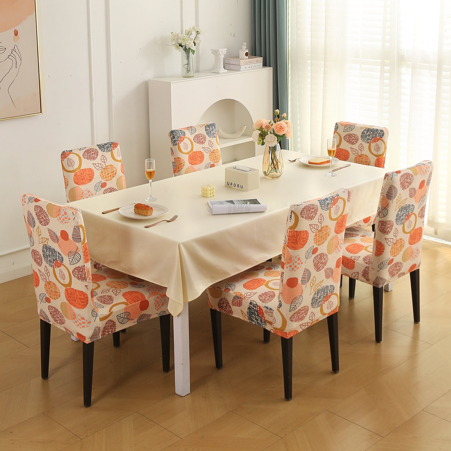 Premium Printed Velvet Dining Chair Cover Set, Coral Autumn Leaves