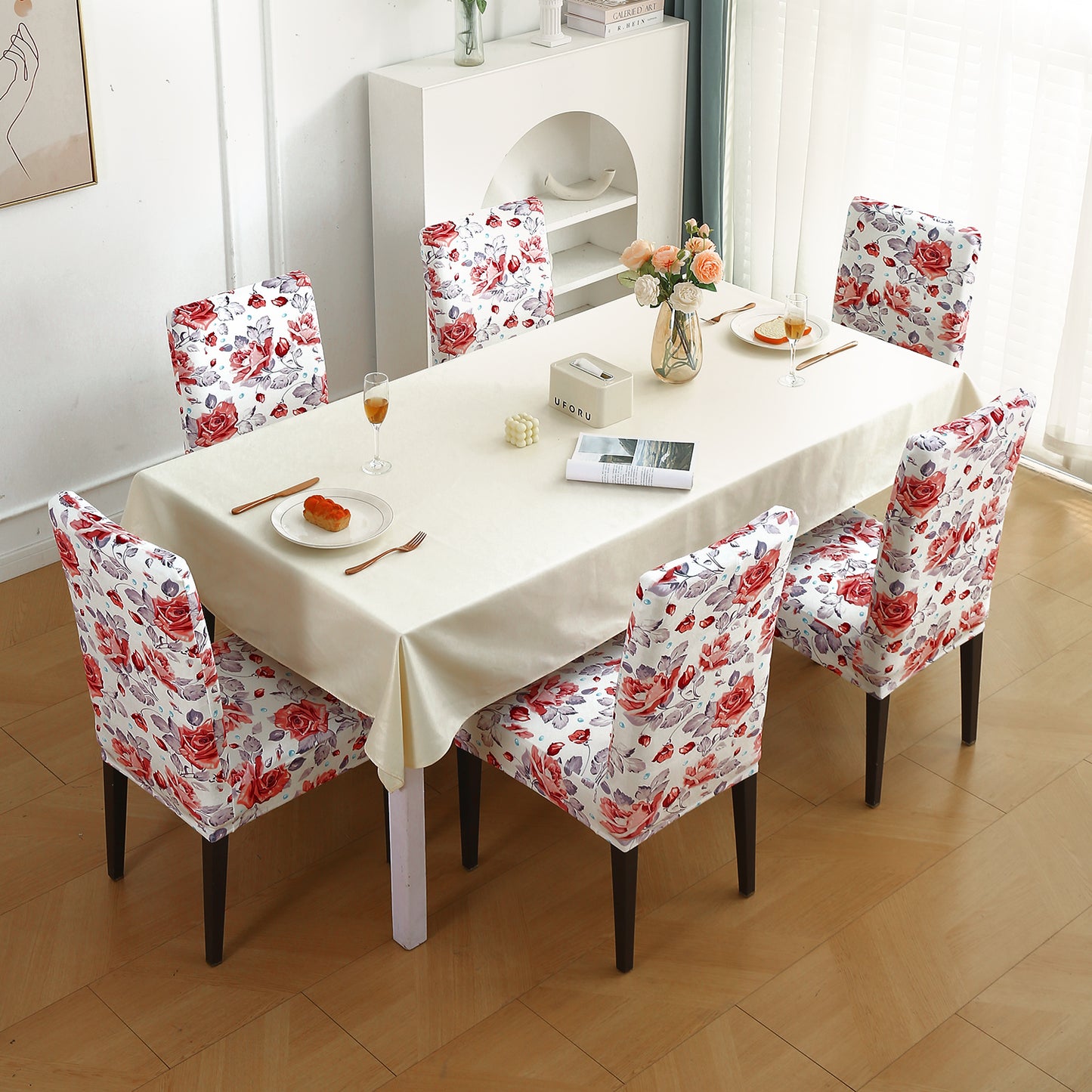 Premium Printed Velvet Dining Chair Cover Set, Red Cottage Rose