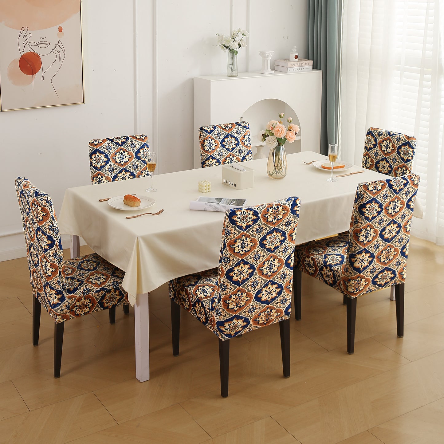 Premium Printed Velvet Dining Chair Cover Set, Indigo Moroccan Charm