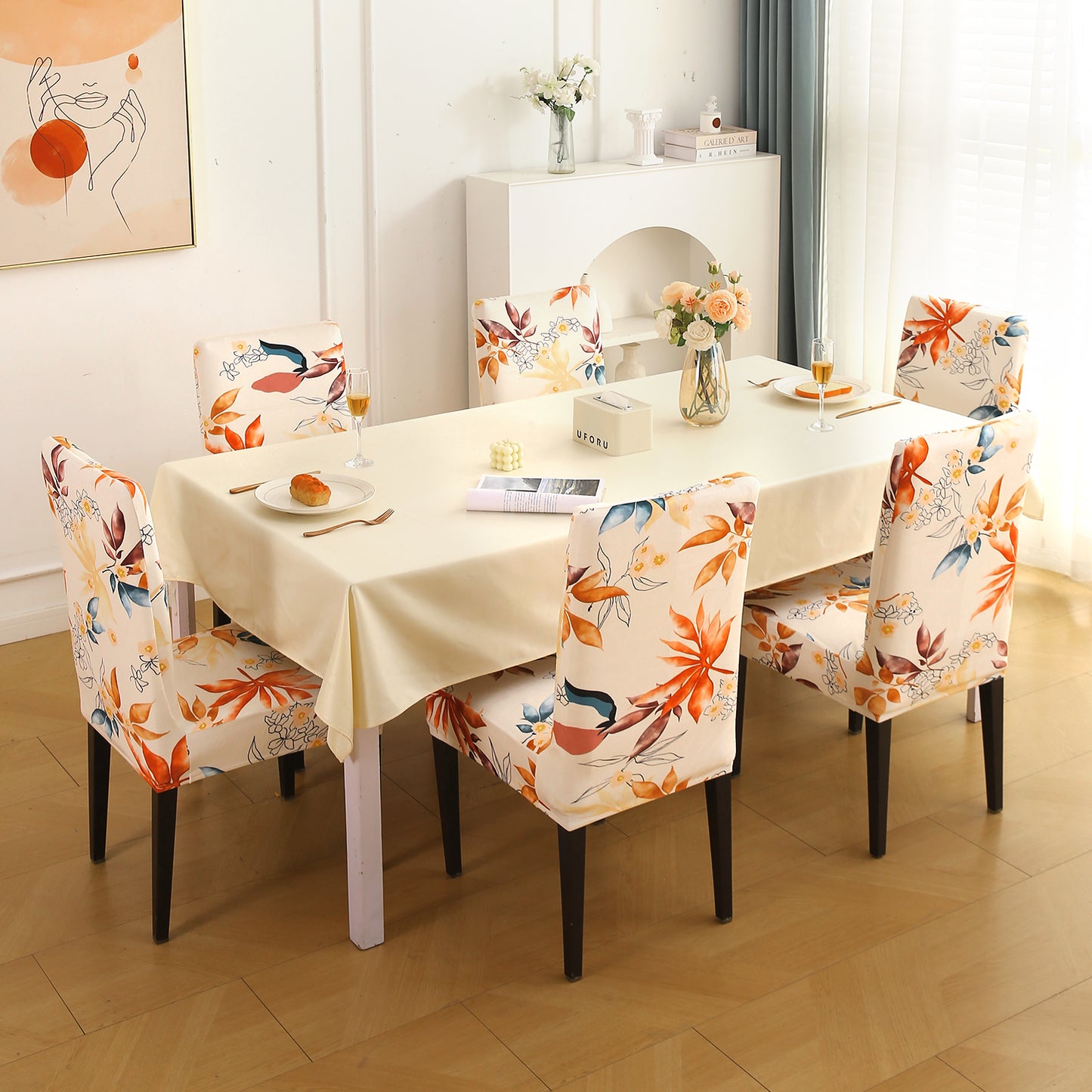 Premium Printed Velvet Dining Chair Cover Set, Amber Serene Flora