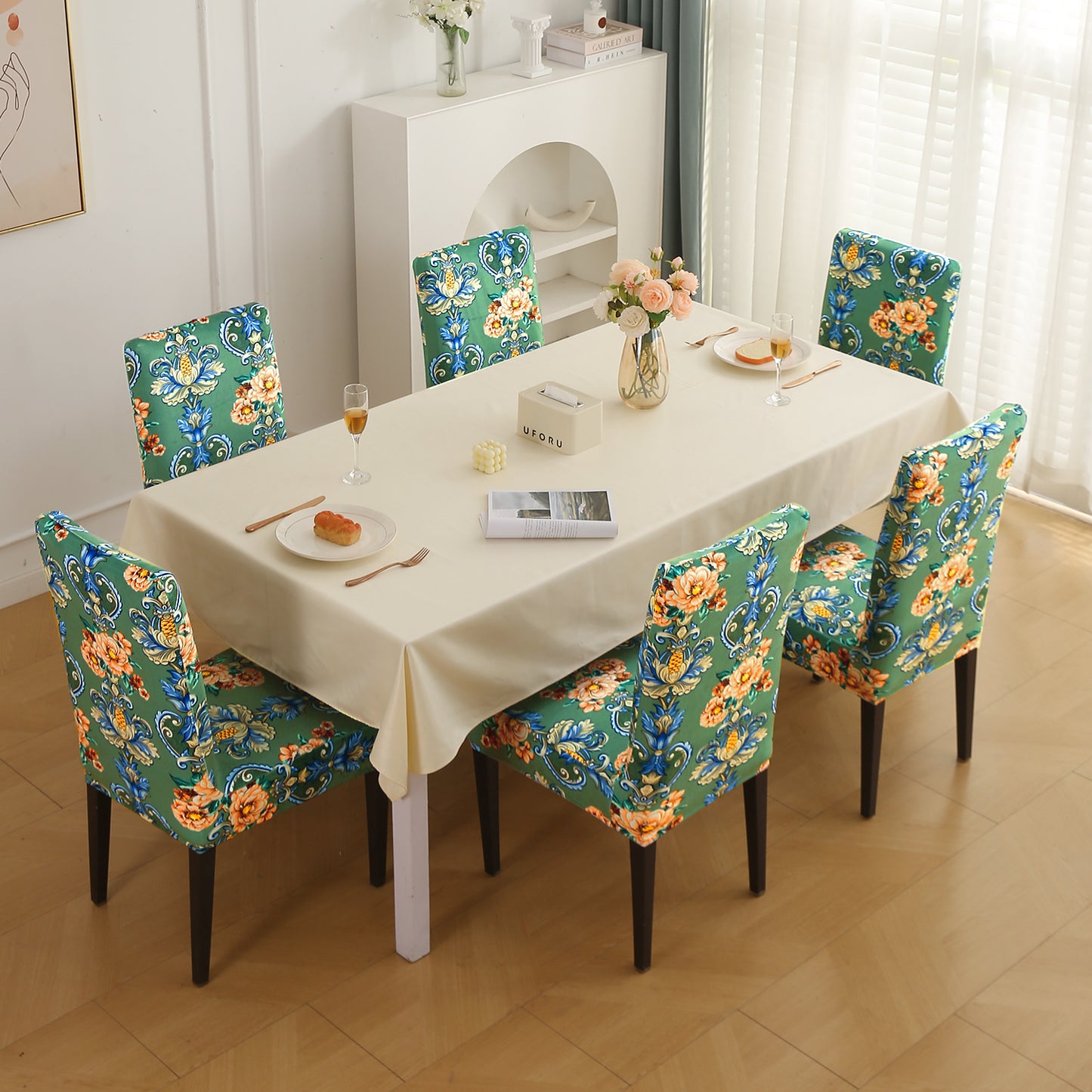 Premium Printed Velvet Dining Chair Cover Set, Green Victorian Garden