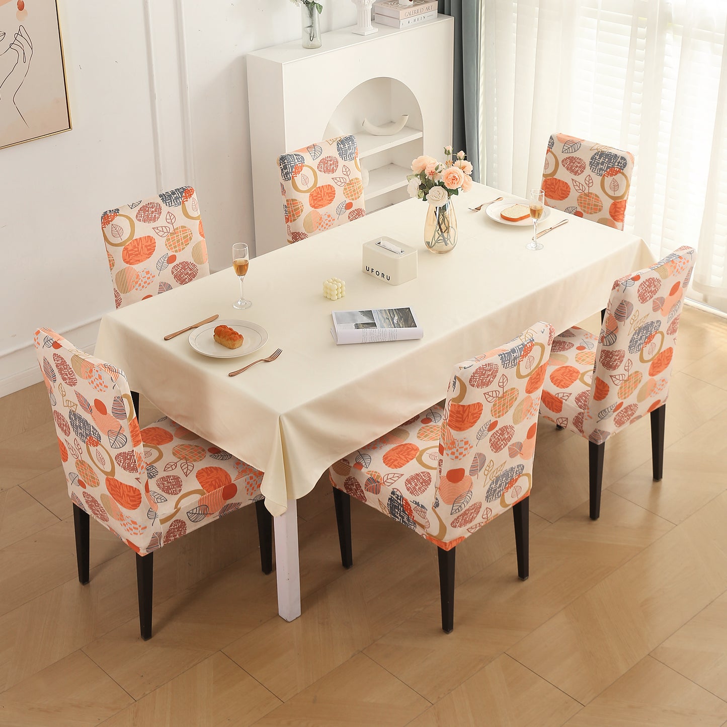 Premium Printed Velvet Dining Chair Cover Set, Coral Autumn Leaves