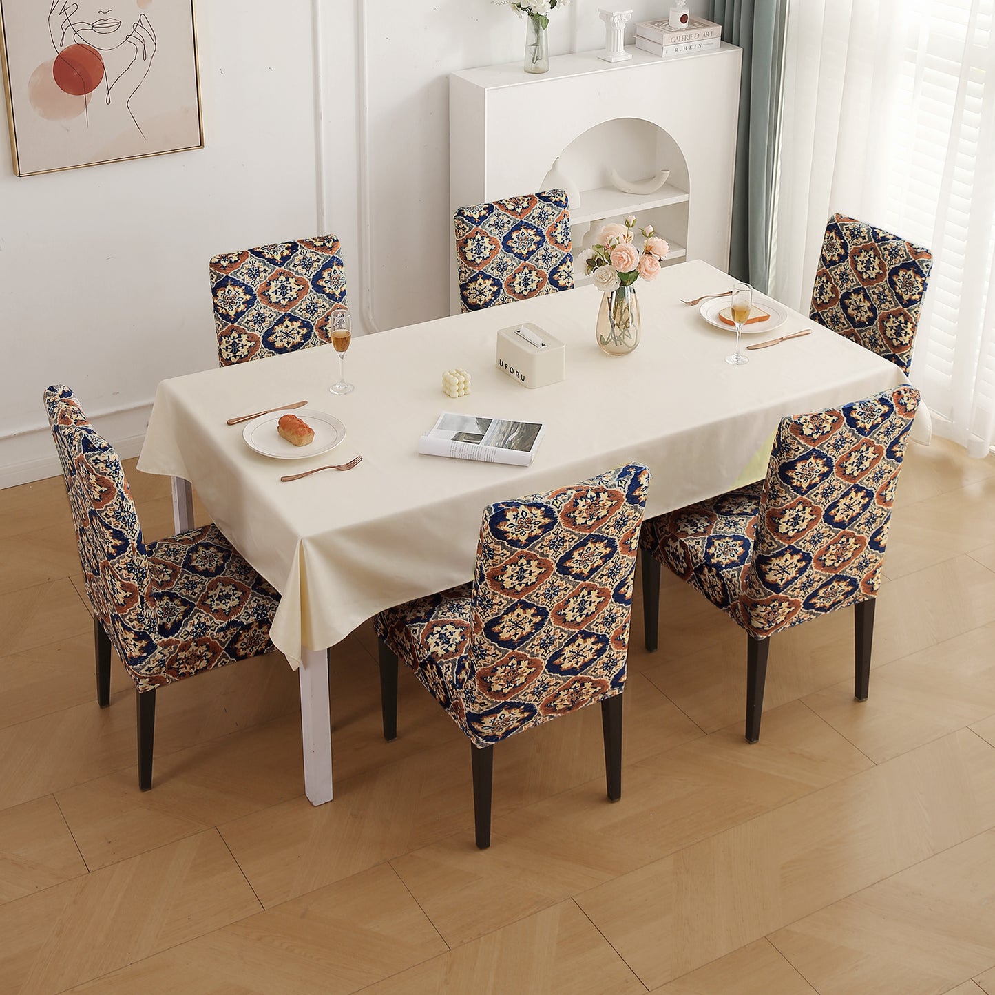 Premium Printed Velvet Dining Chair Cover Set, Indigo Moroccan Charm