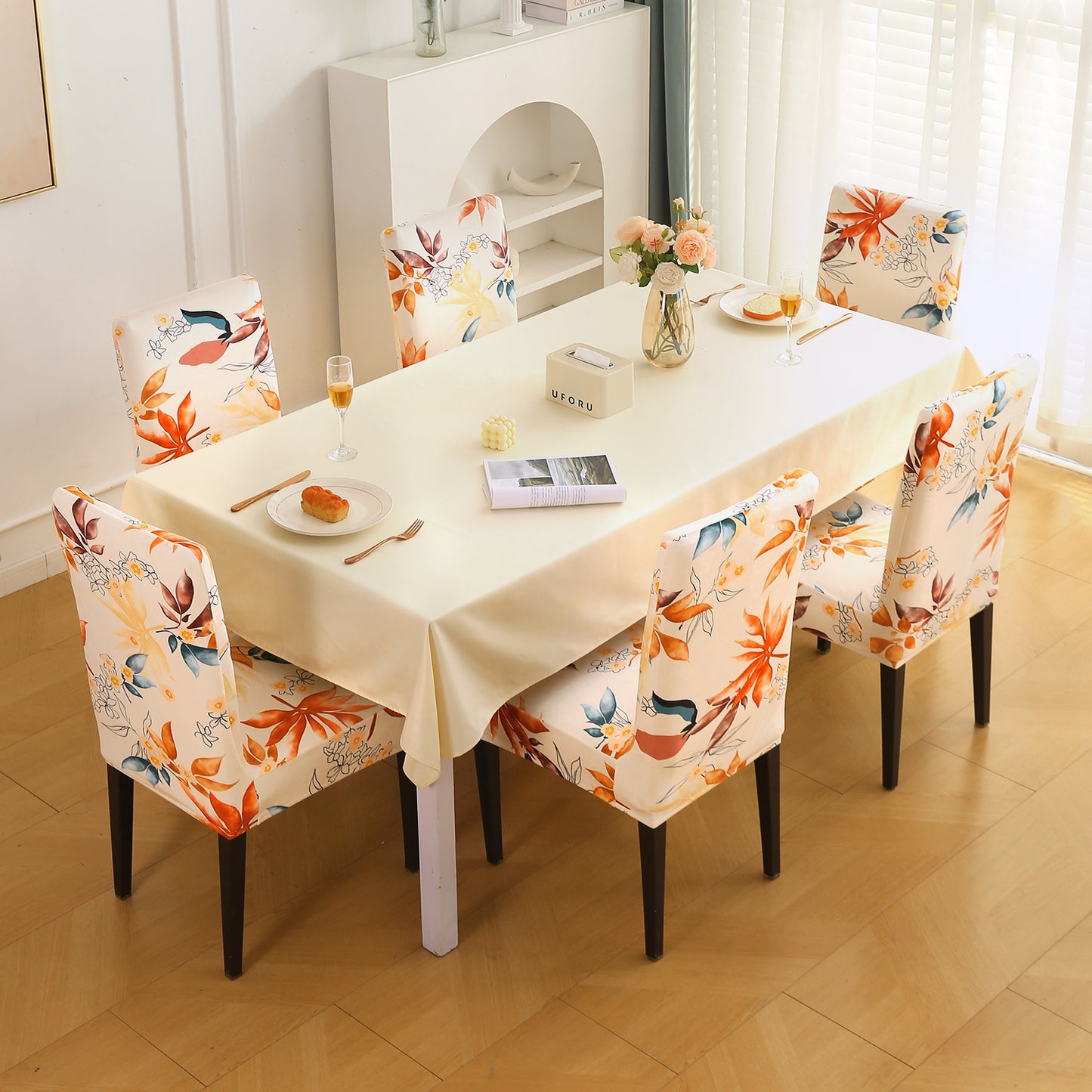 Premium Printed Velvet Dining Chair Cover Set, Amber Serene Flora
