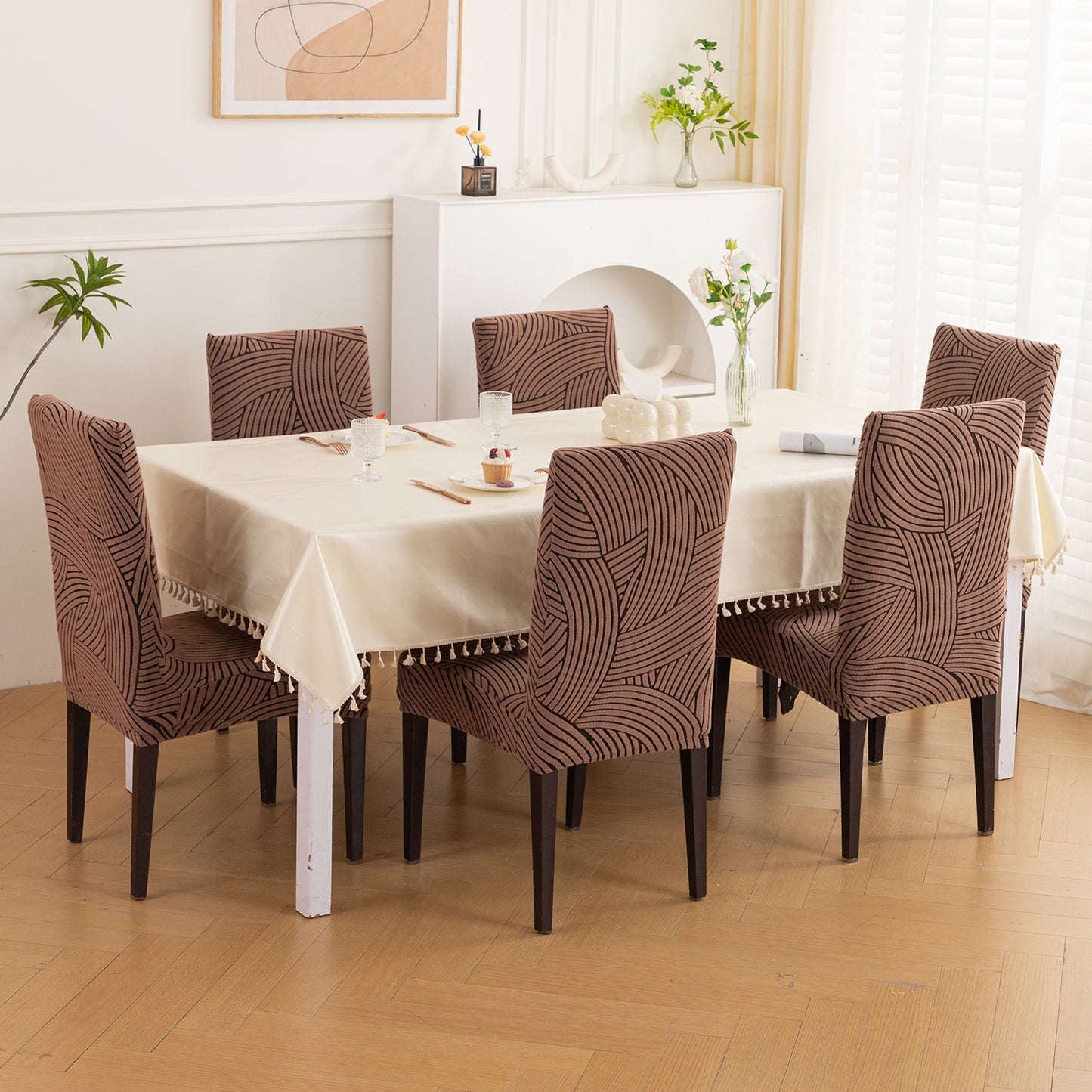 WaveLine Series 180 GSM Jacquard Chair Cover Set of 1/2/4/6, Rust Brown