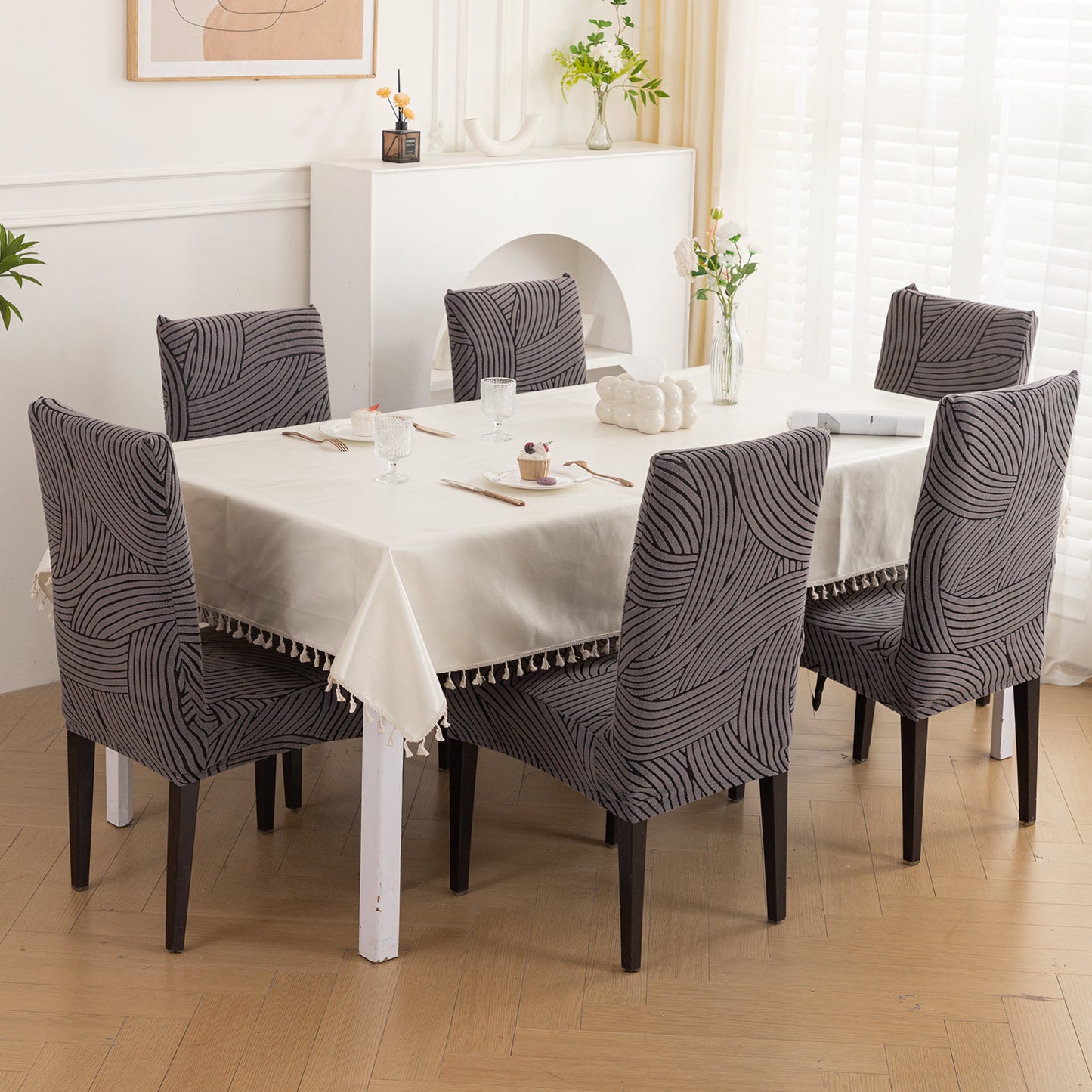 WaveLine Series 180 GSM Jacquard Chair Cover Set of 1/2/4/6, Charcoal Grey