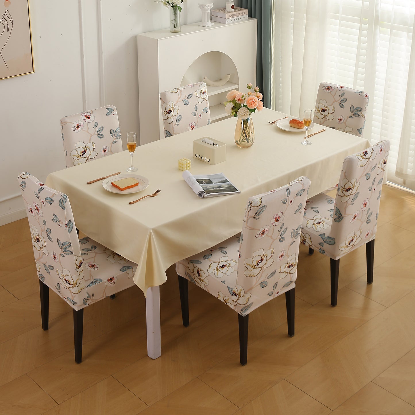 Premium Printed Velvet Dining Chair Cover Set, Buttercream Magnolia Whisper