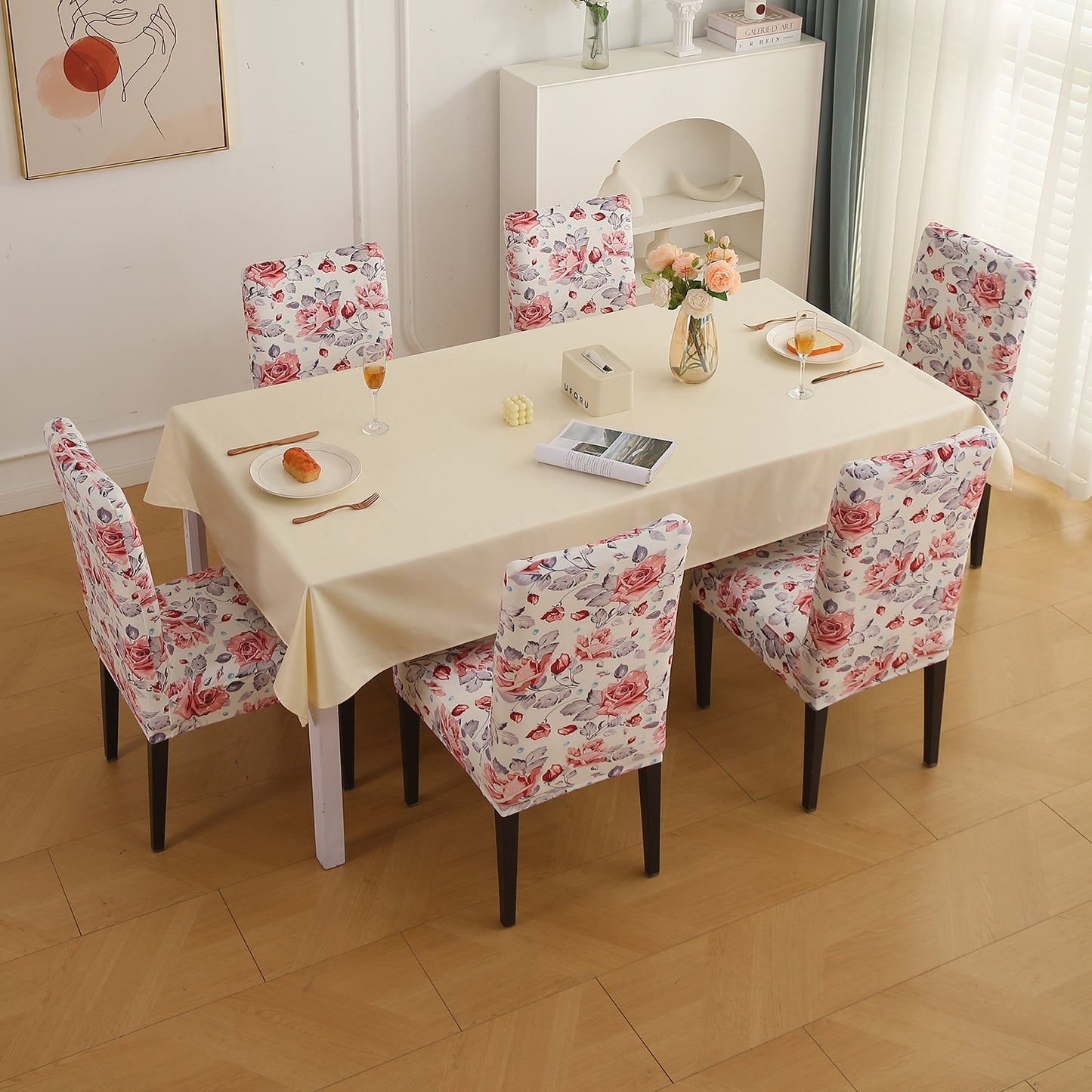 Premium Printed Velvet Dining Chair Cover Set, Red Cottage Rose