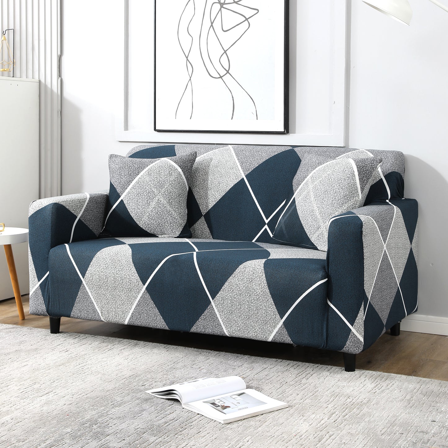 Blue Rhombus Printed Stretchable 2 seater sofa covers