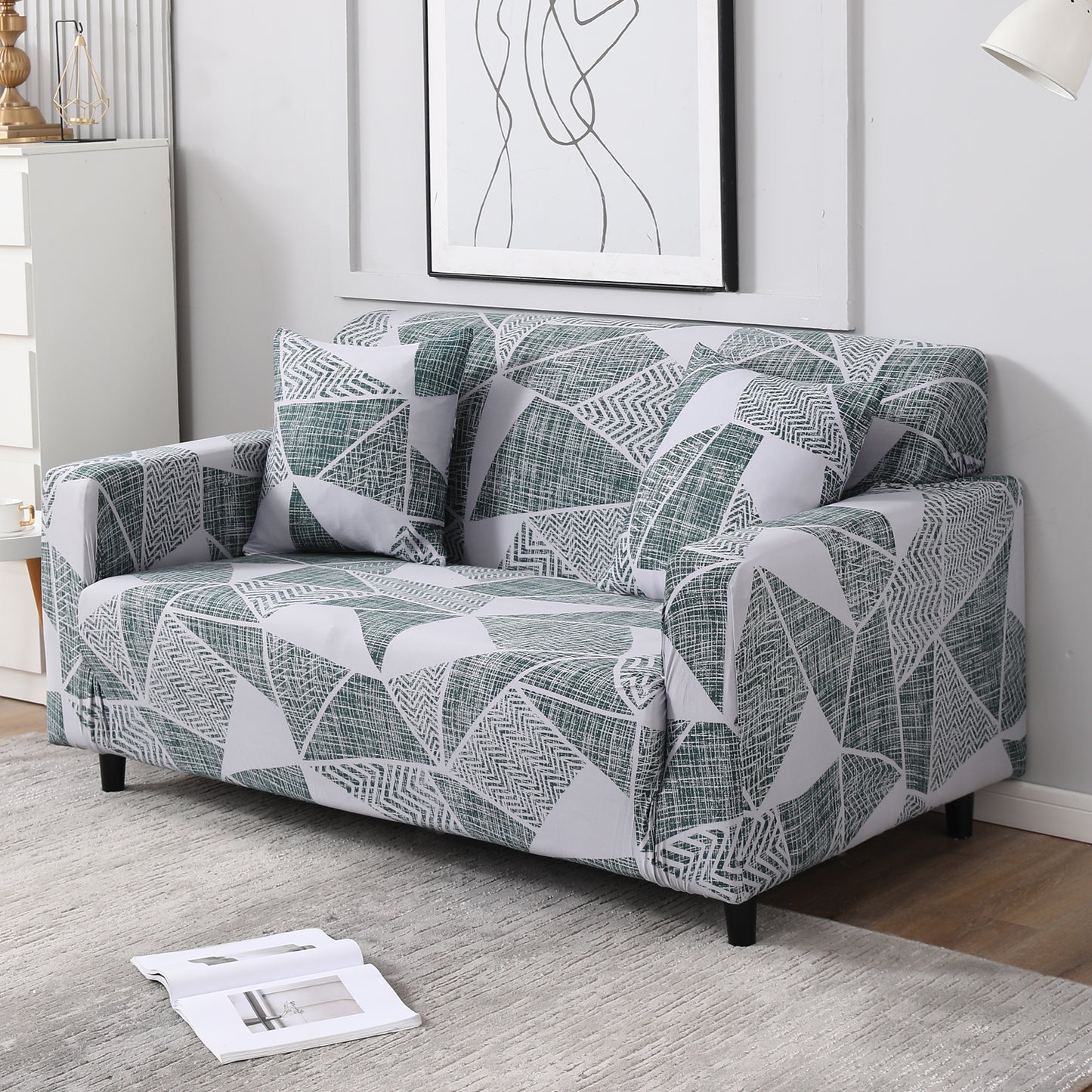 Grey Geometric Abstract Print stretchable two seater sofa cover