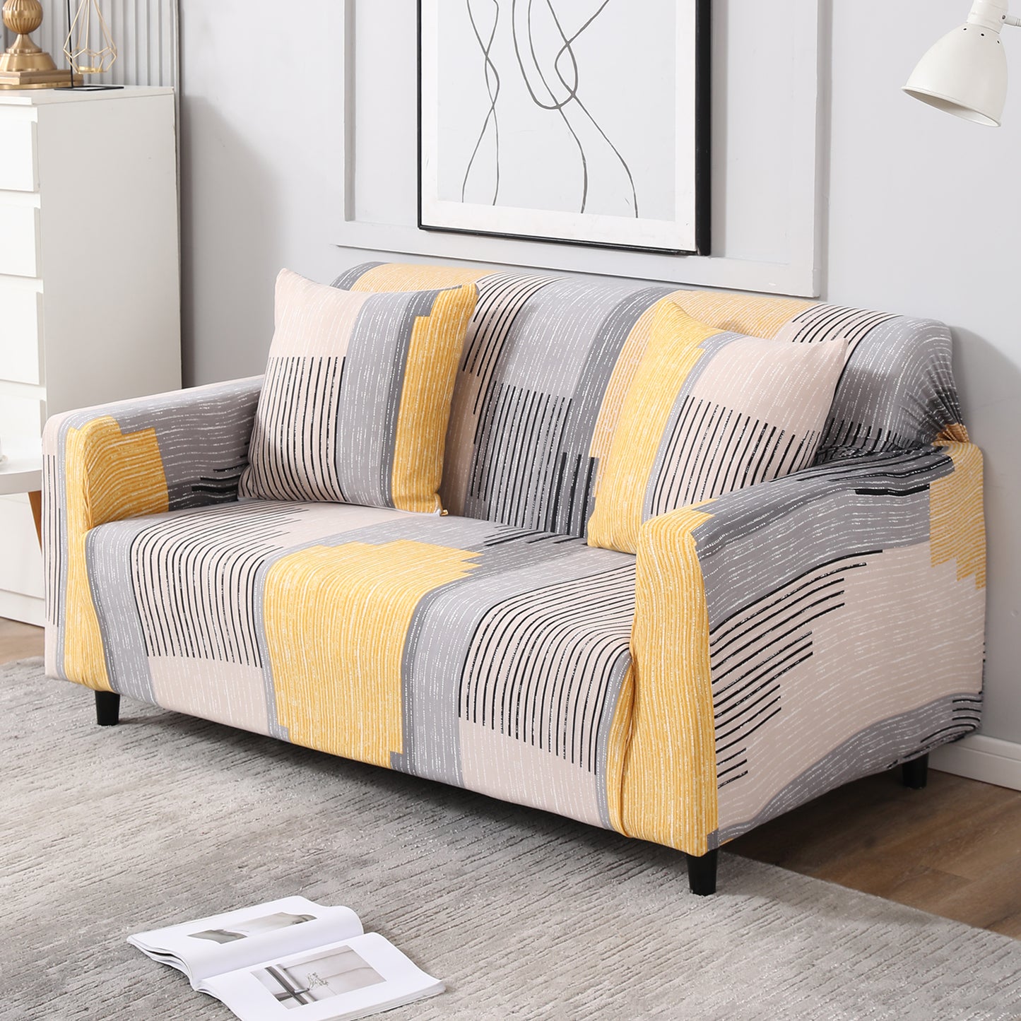 Multicolor Linear Lines print non slip stretchable 2 seater sofa cover
