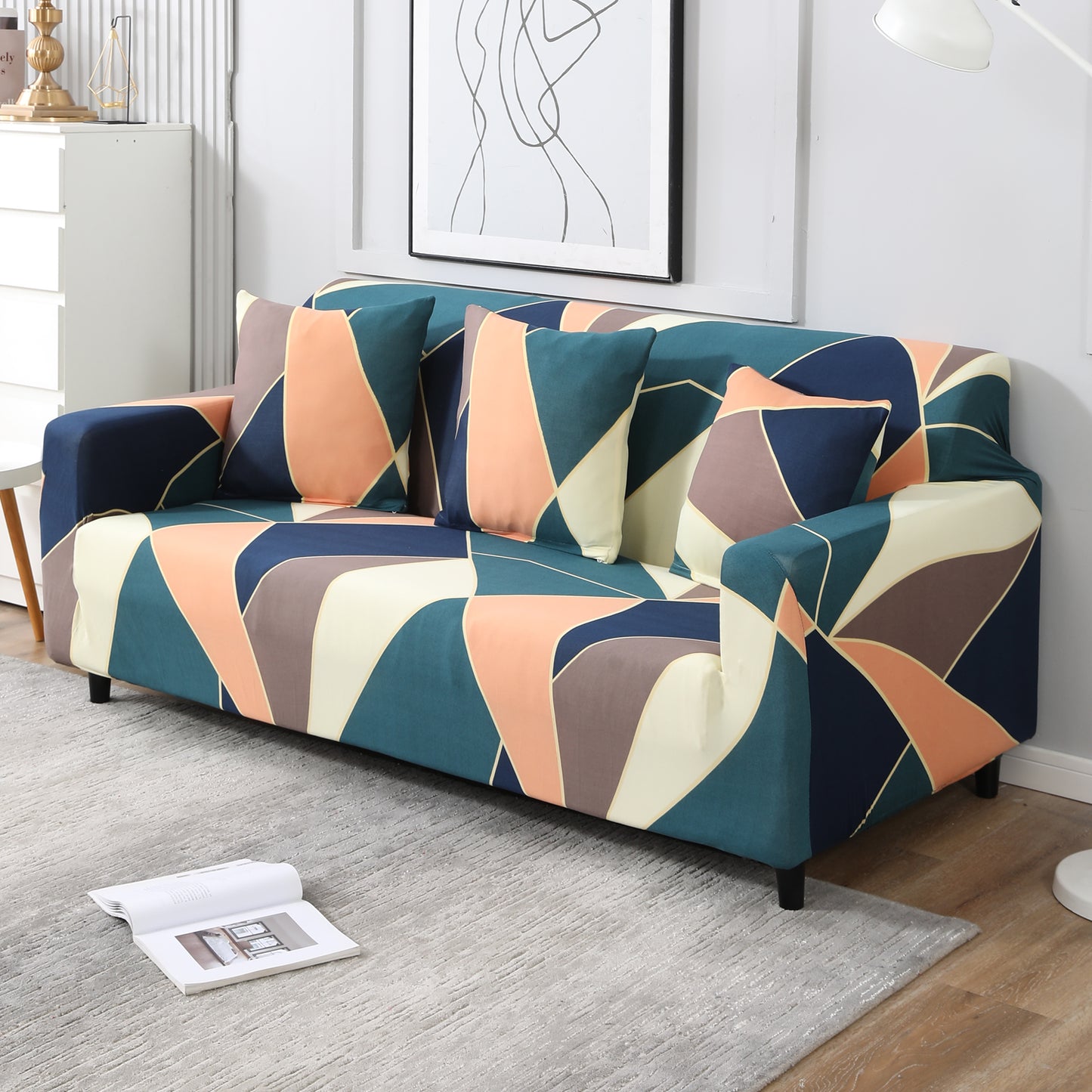 Green Peach Abstract non slip elastic 3 seater sofa cover