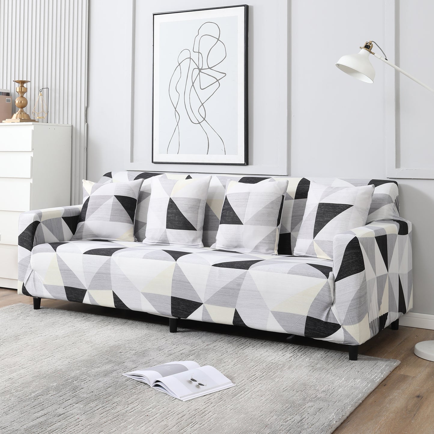 Elastic Stretchable Printed Sofa Cover, Black Grey Geometric