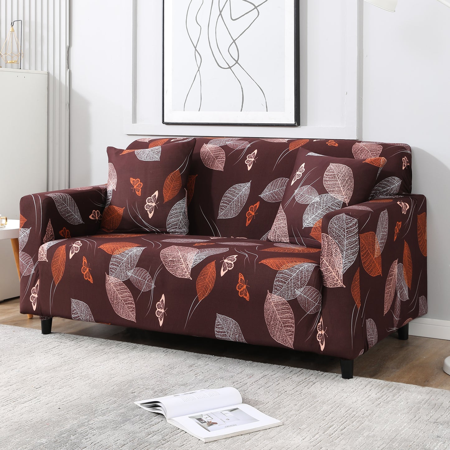 Dark Brown Leaf non slip elastic 2 seater sofa cover