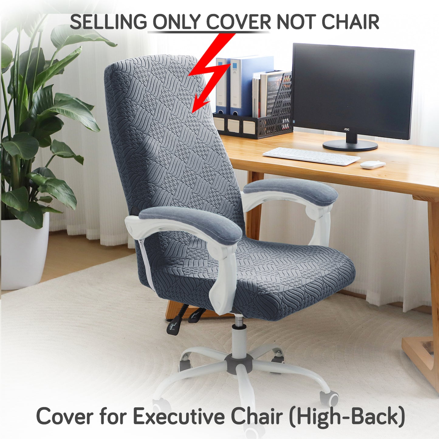 Office Chair Cover for Executive Chair (High-Back) – 170 GSM Stretchable Jacquard – Washable & Anti-Slip – Fits Big & Tall Office Chairs, Dark Grey