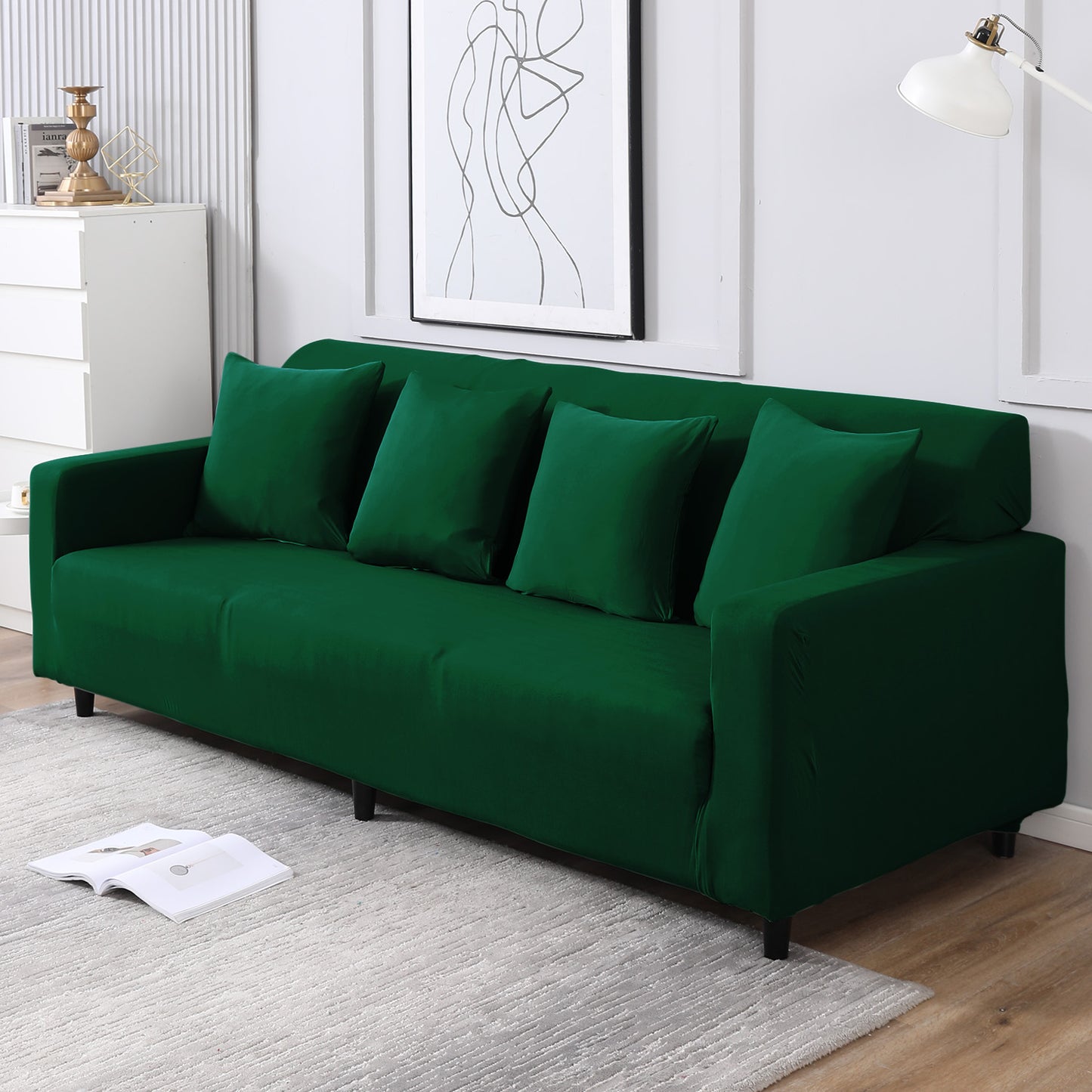 Bottle Green Colour, non slip, Stretchable 4 seater sofa covers