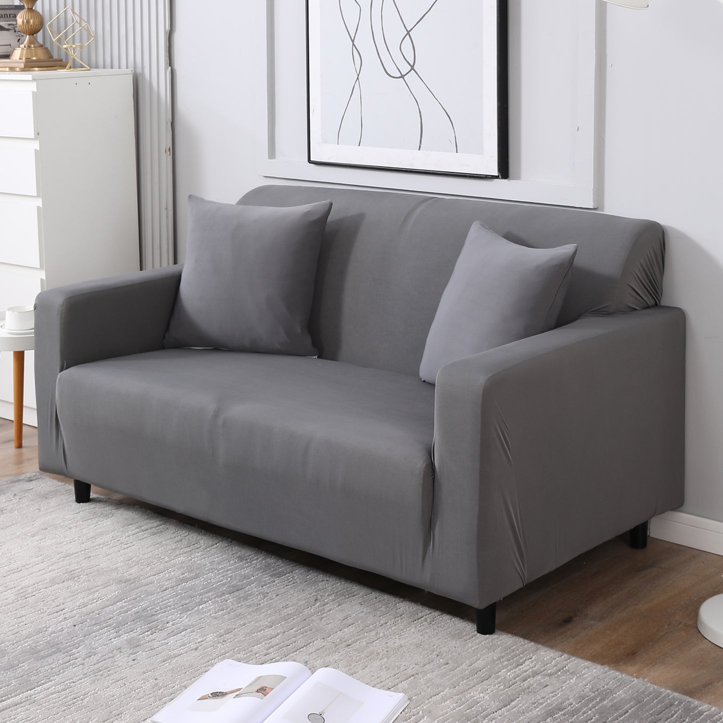 Plain grey colour non slip stretchable 2 seater sofa cover