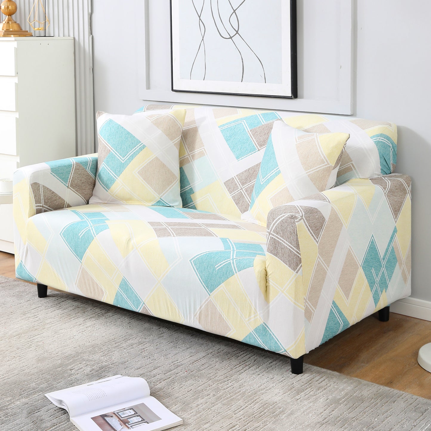 Pastel Diamond Printed non slip elastic 2 seater sofa cover
