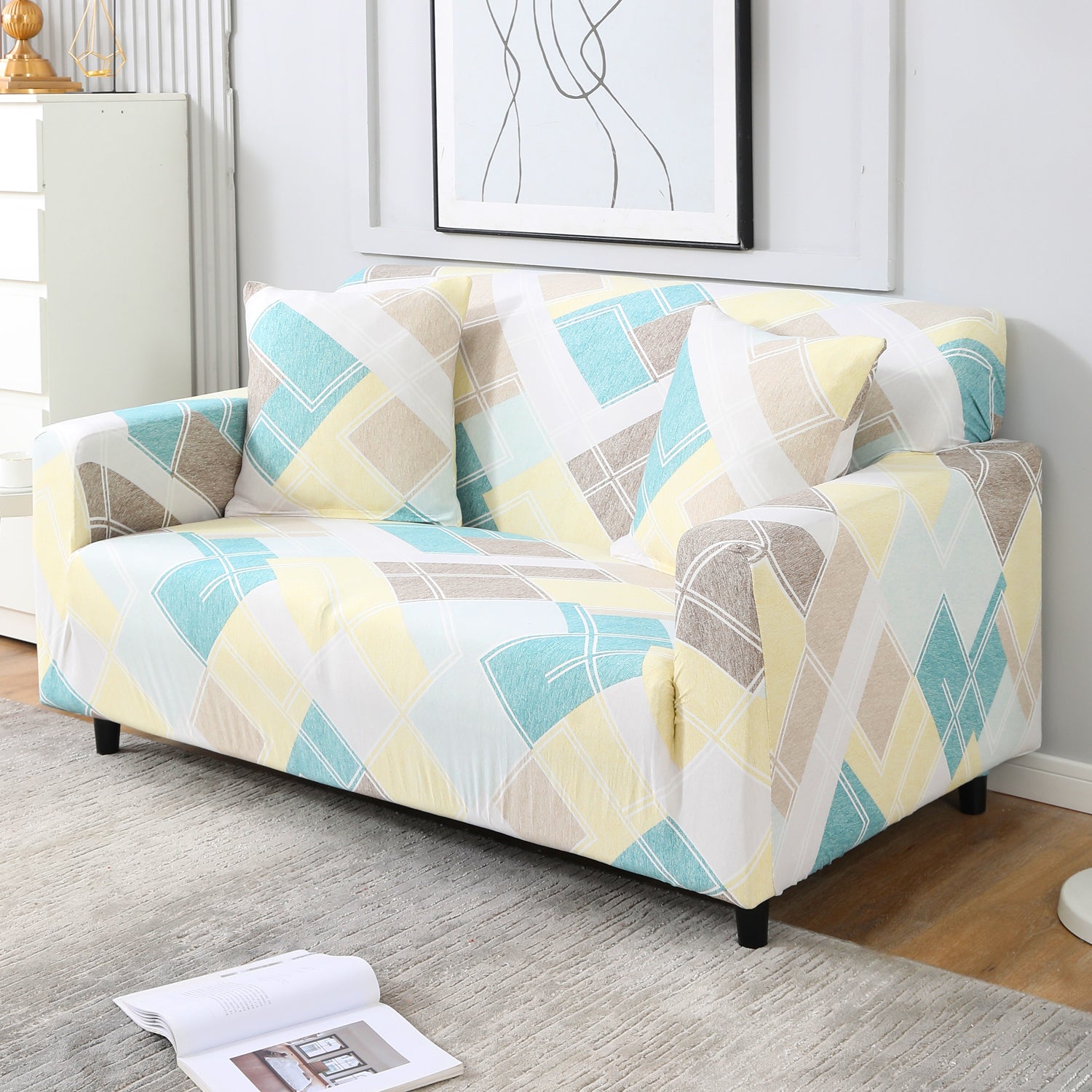 Pastel Diamond Printed non slip elastic 2 seater sofa cover