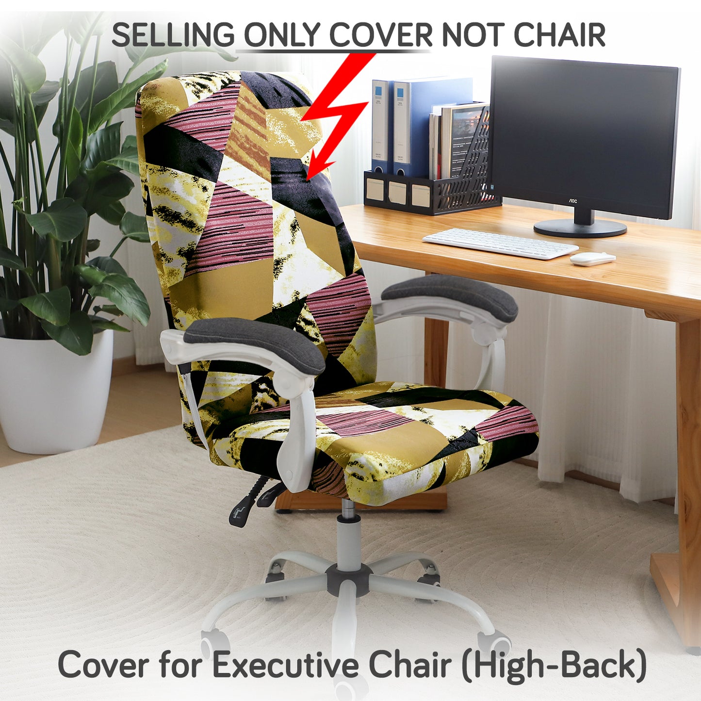 Printed Office Chair Cover for Executive Chair (High-Back) – 140 GSM Stretchable Fabric – Washable & Anti-Slip – Fits Big & Tall Office Chairs, Wine Abstract Geometry