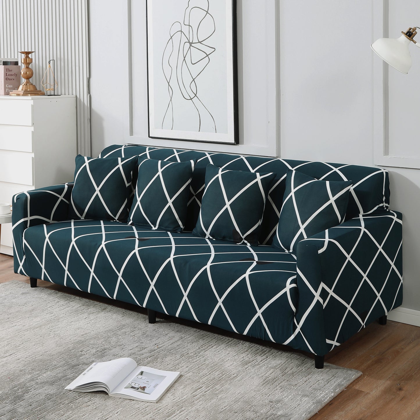 Teal Diamond, non slip, Stretchable 4 seater sofa covers