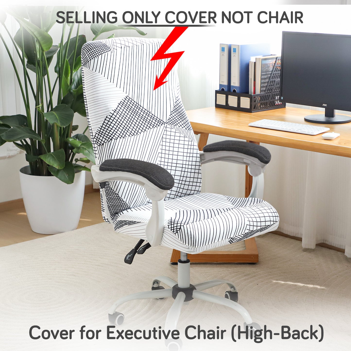 Printed Office Chair Cover for Executive Chair (High-Back) – 140 GSM Stretchable Fabric – Washable & Anti-Slip – Fits Big & Tall Office Chairs, Snow White Black Geometry