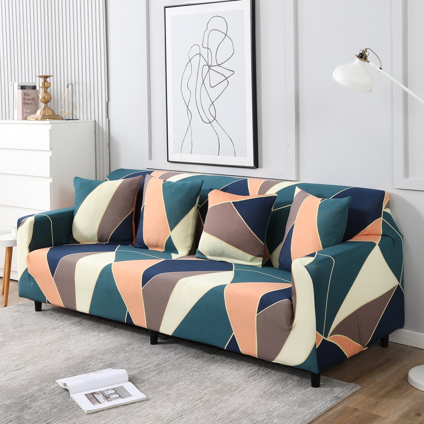Green Peach Abstract Printed, non slip, Stretchable 4 seater sofa covers