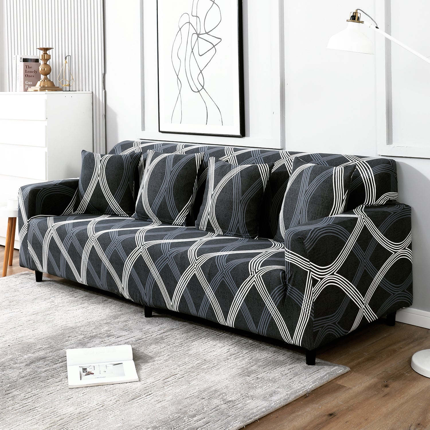 Shadow Grey, non slip, Stretchable 4 seater sofa covers
