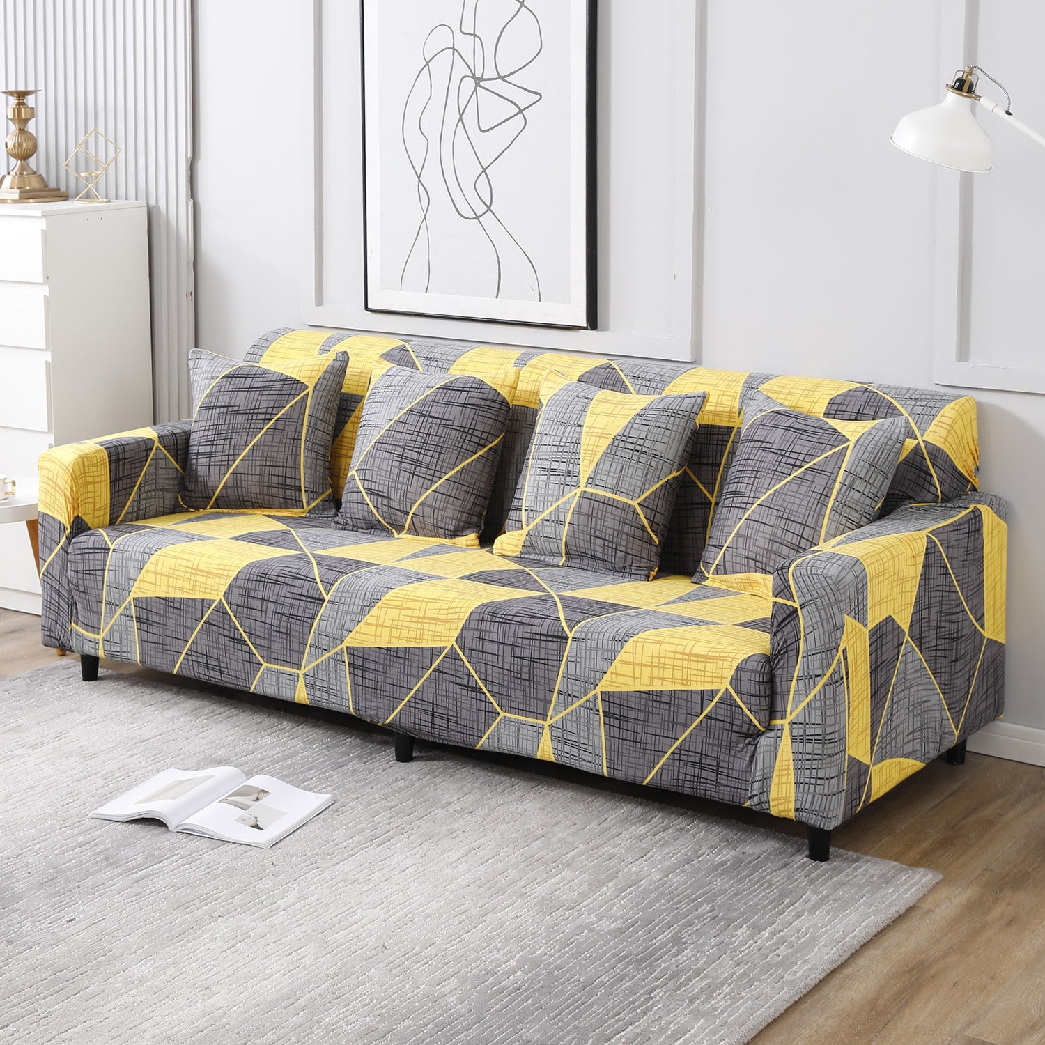 Abstract Grey polyester, non slip, Stretchable 4 seater sofa covers
