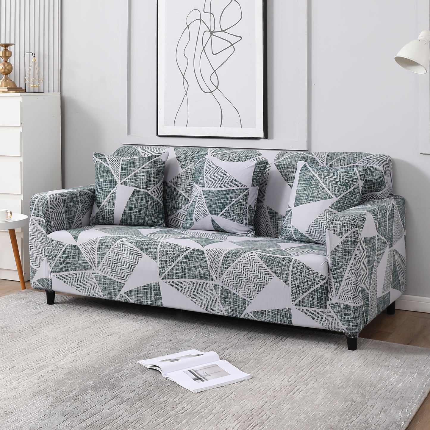Grey Geometric Abstract Print modern elastic 3 seater sofa covers