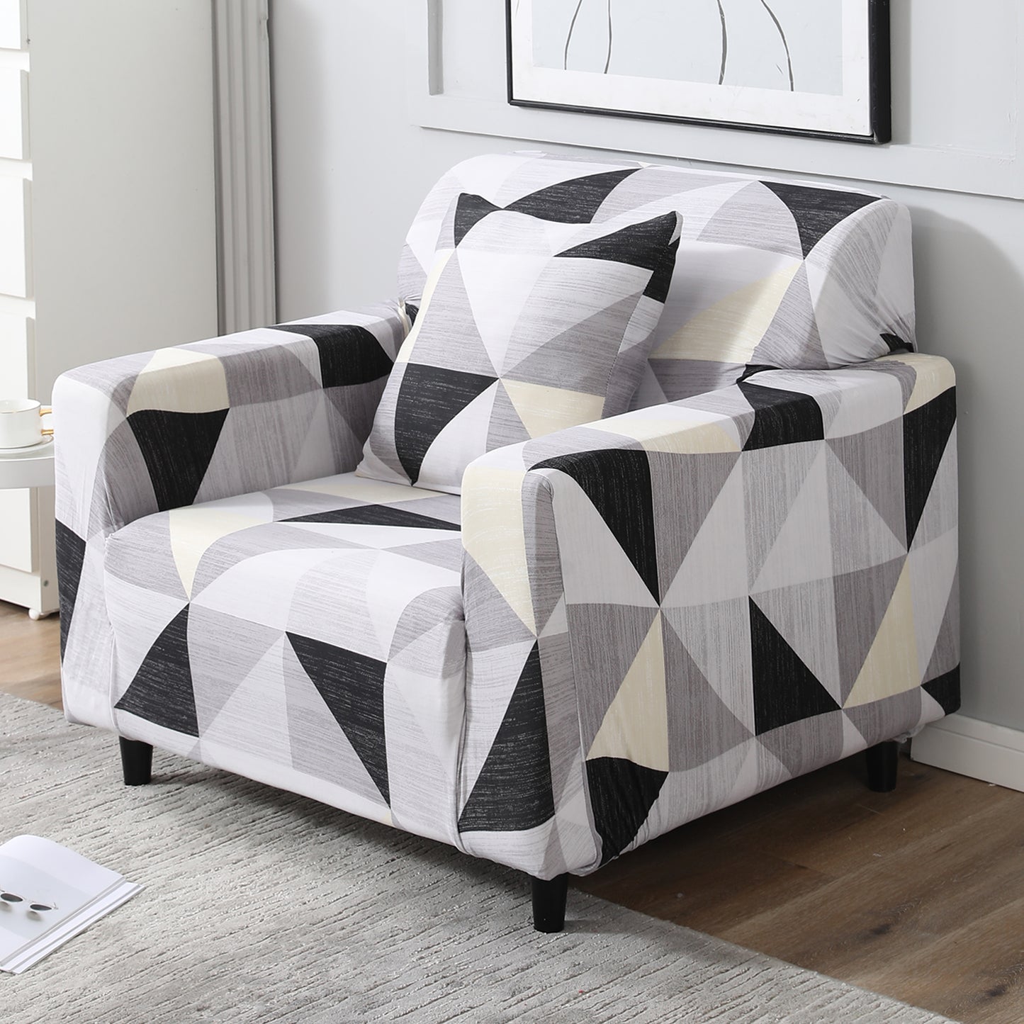 Elastic Stretchable Printed Sofa Cover, Black Grey Geometric