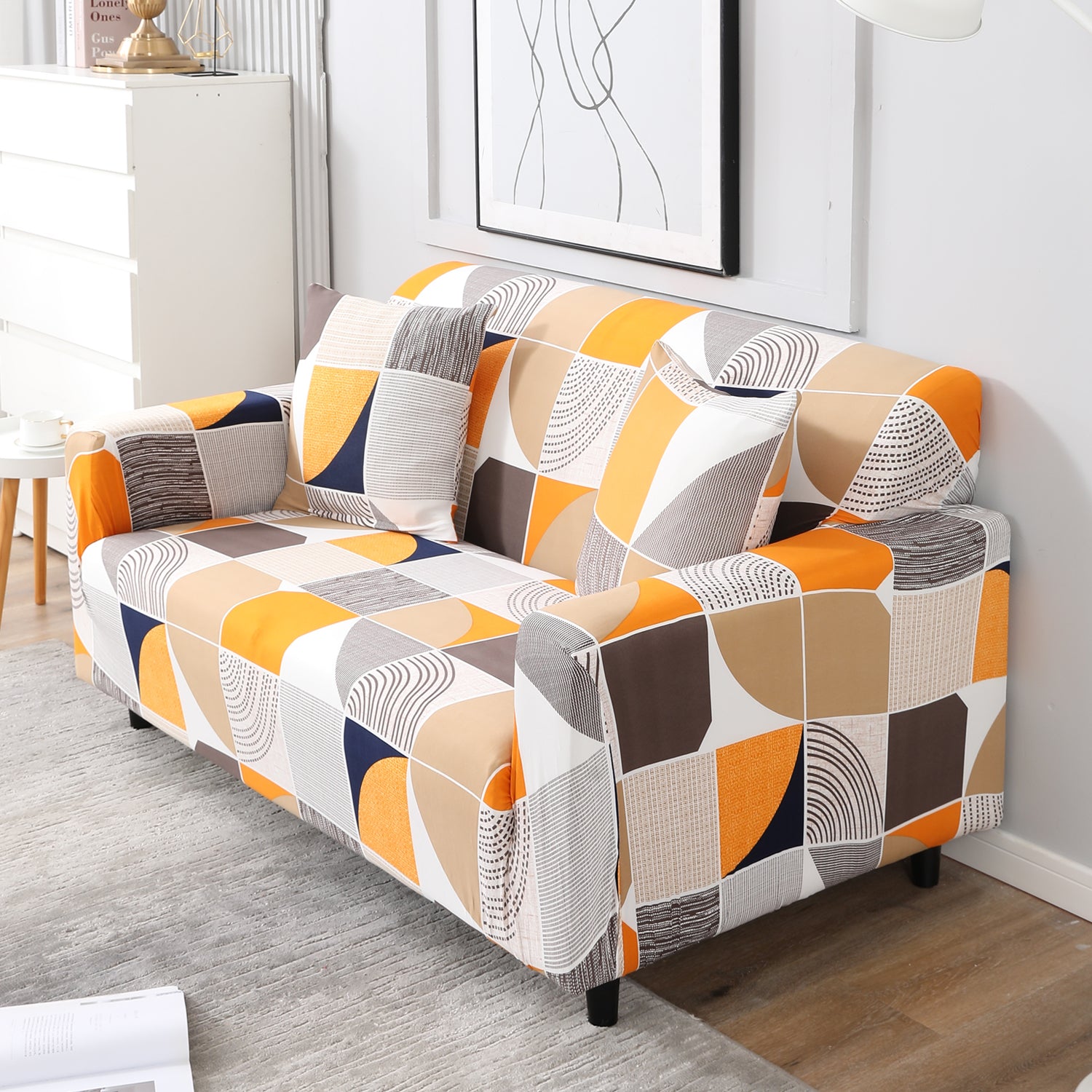 Square Abstract stretchable two seater sofa cover