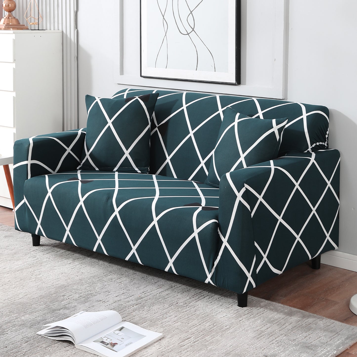 Teal Diamond non slip elastic 2 seater sofa cover
