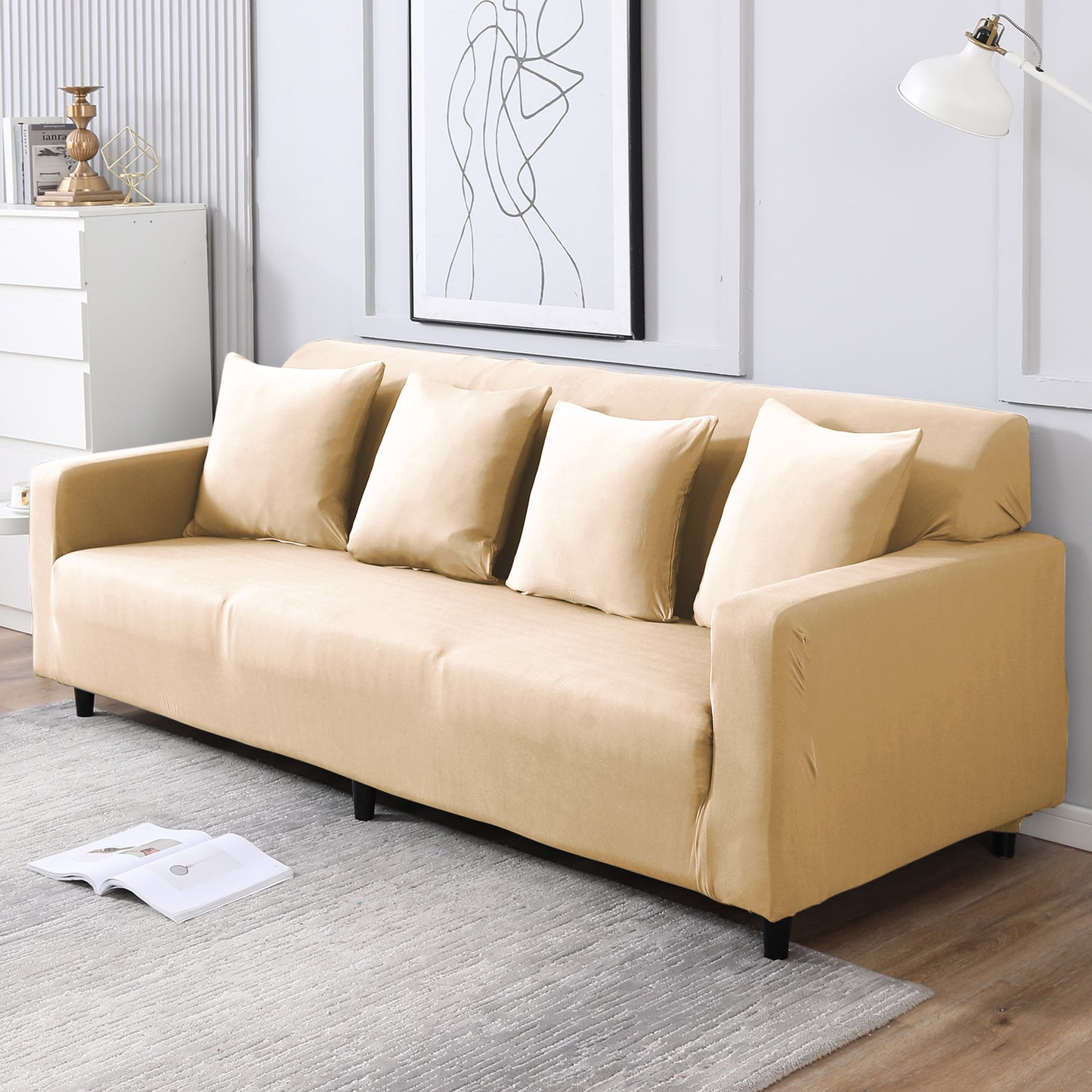 Plain beige non slip elastic 4 seater sofa cover
